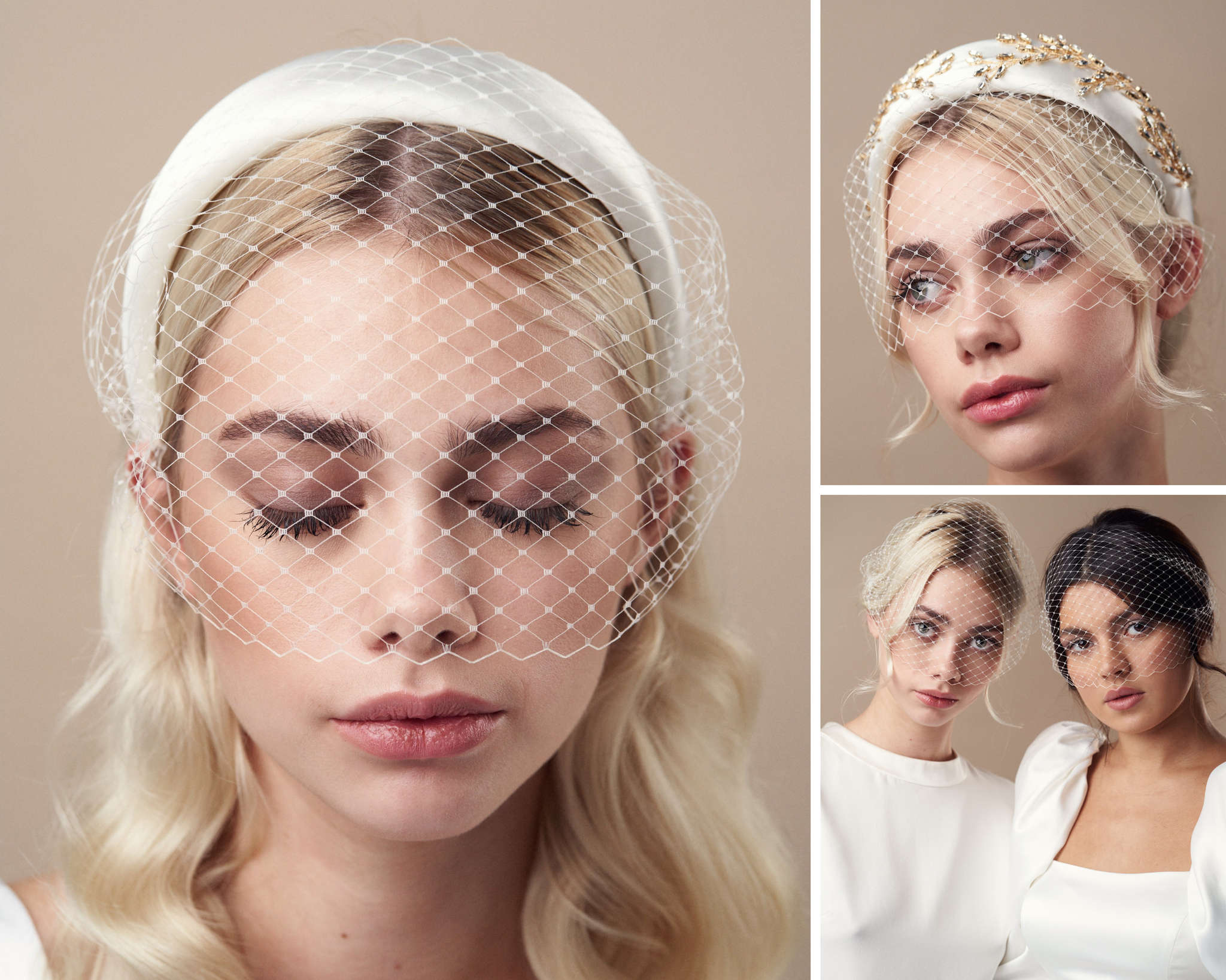 Models dressed as brides wear birdcage veils 