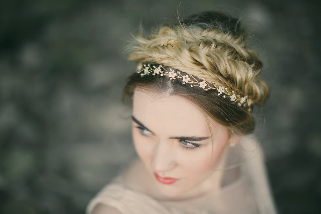 Boho wedding hair accessories Isabella gold ribbon tie headband by Debbie Carlisle