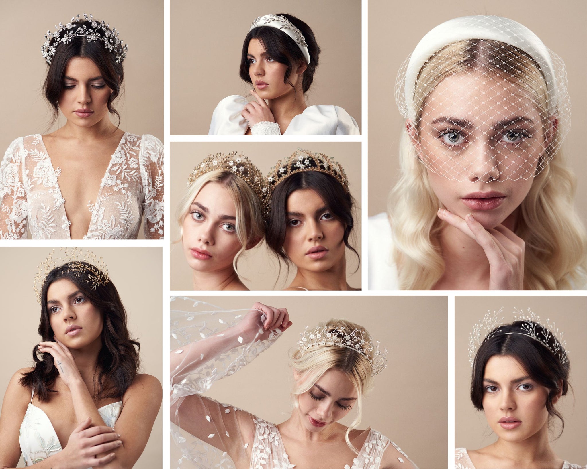 Models wear a selection of Debbie Carlisle Goddess collection of crowns and headbands for modern brides