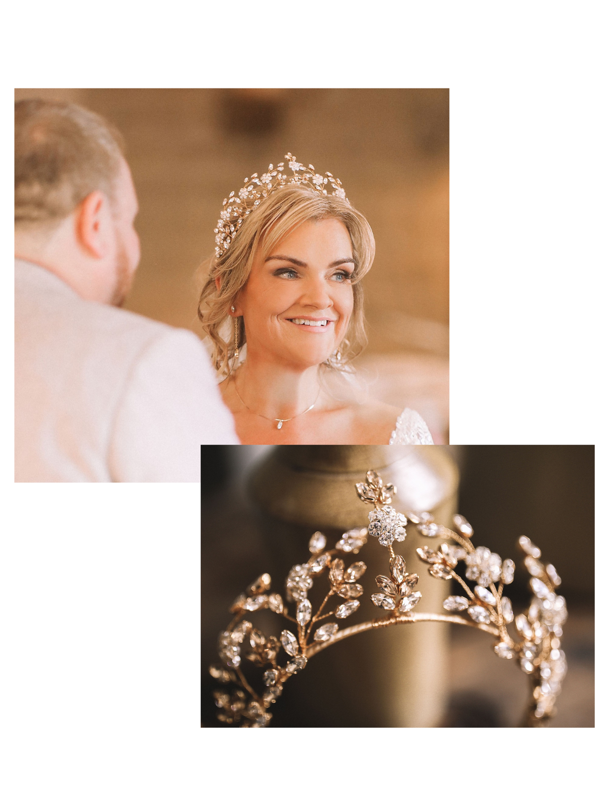 Bride wears a bespoke bridal accessory based on my Mabel crown
