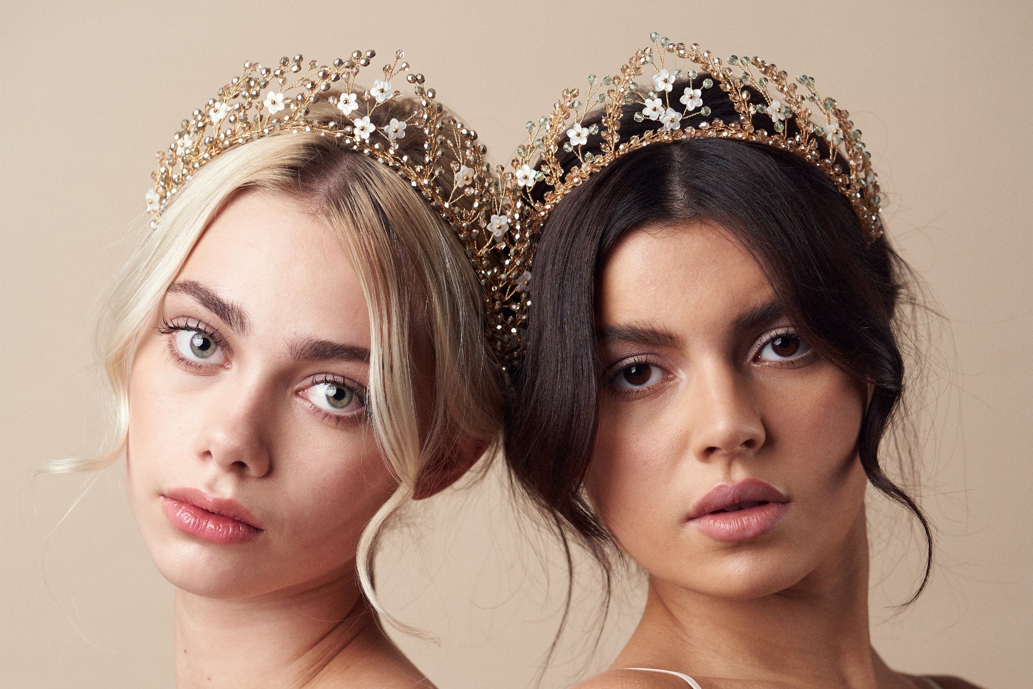Large and small versions of the Coraline gold crowns worn by models