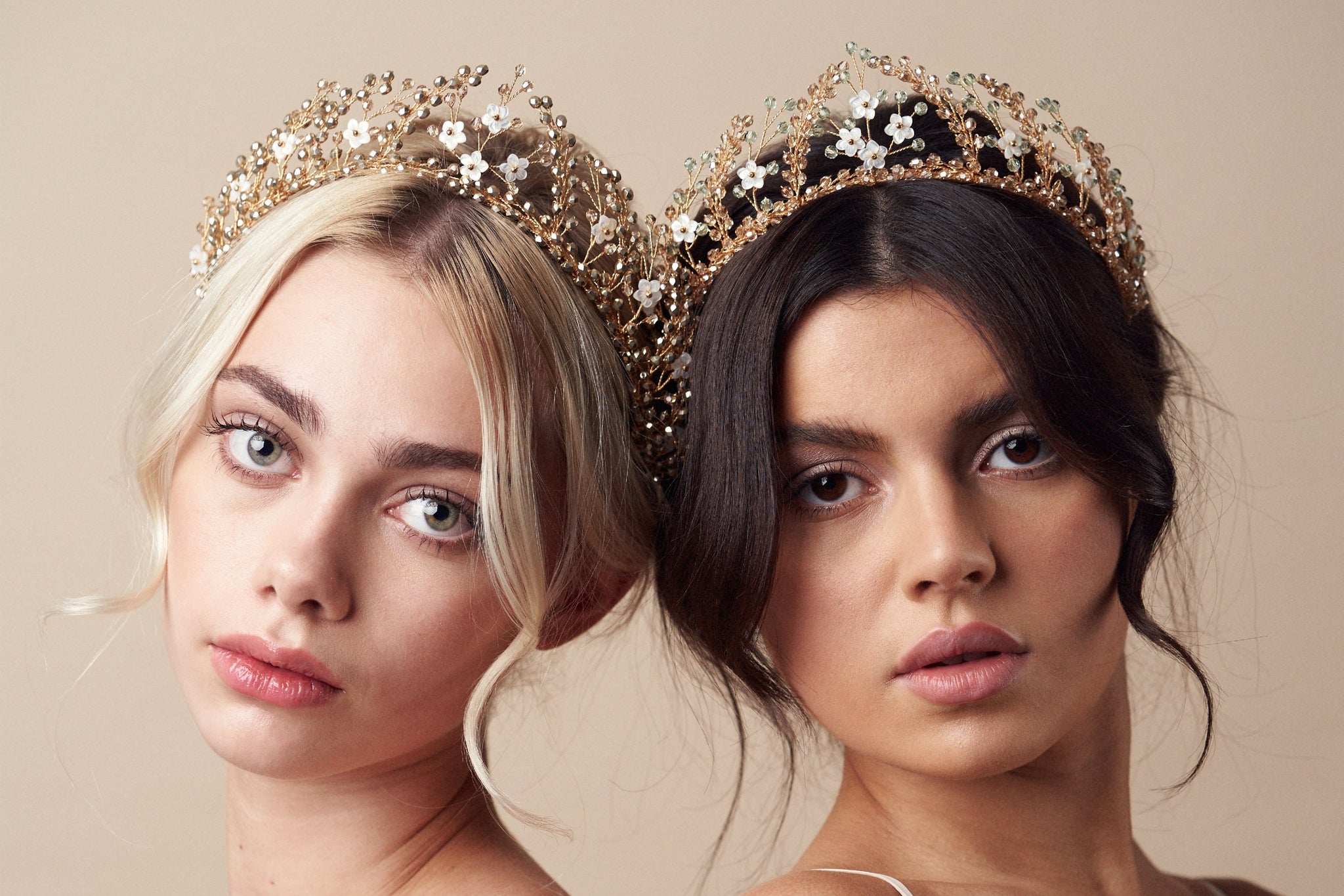 Coralie floral tiara crowns worn by two models in two shades of gold