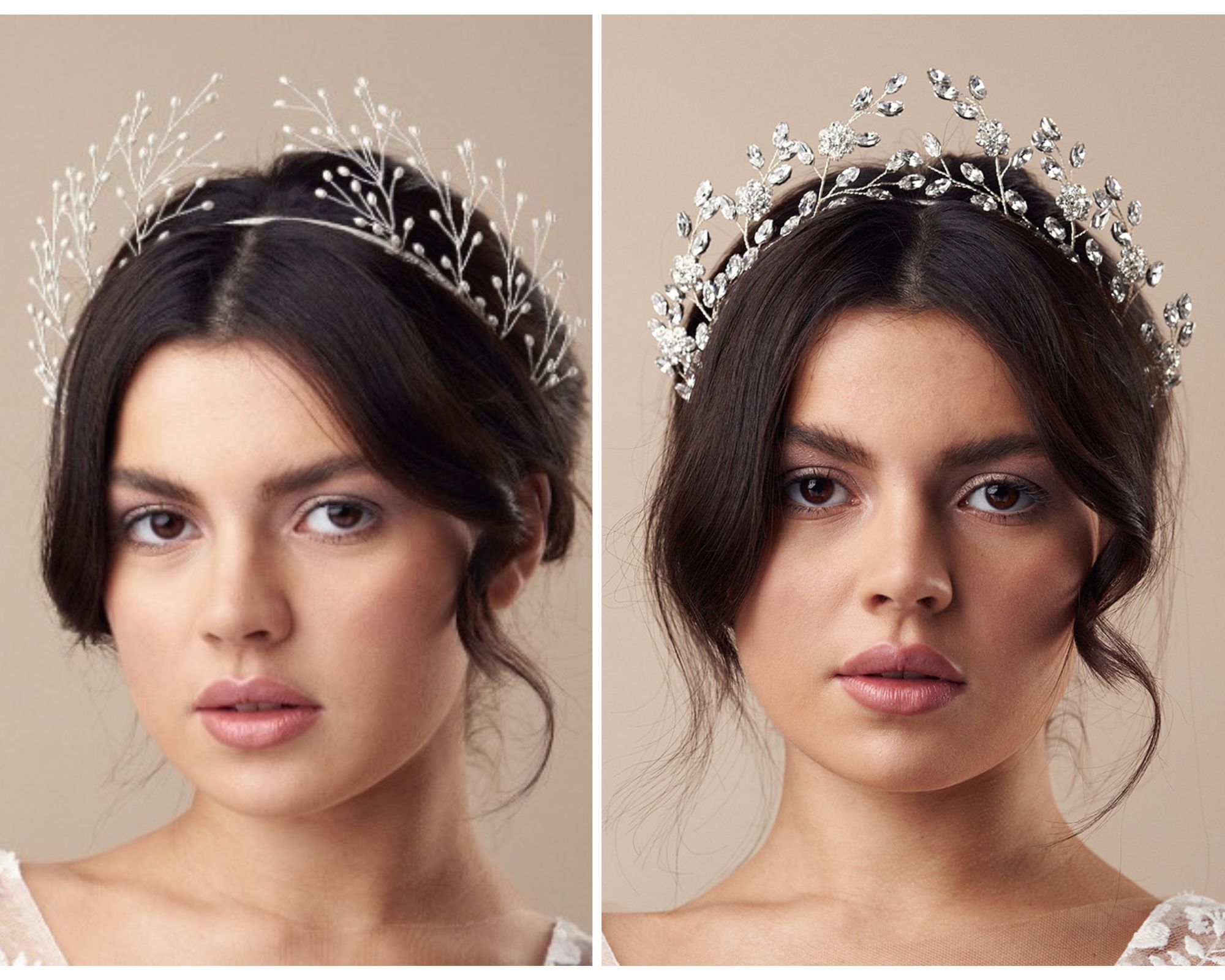 model wears a pearl botanical style crown and then a silver crystal floral crown