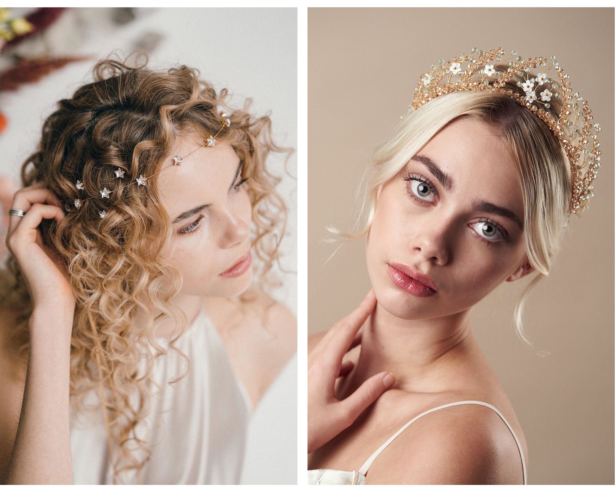 Bride with curly hair wears a simple star crystal hairvine and matching hairpins for a boho look while a bride wears a sparkling green and gold crystal crown with an updo for a more classic look
