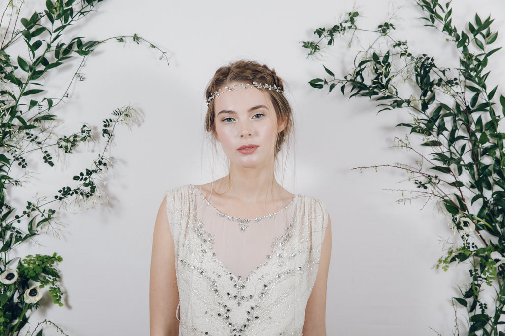 Delicate silver crystal and pearl brownband with ribbon tie