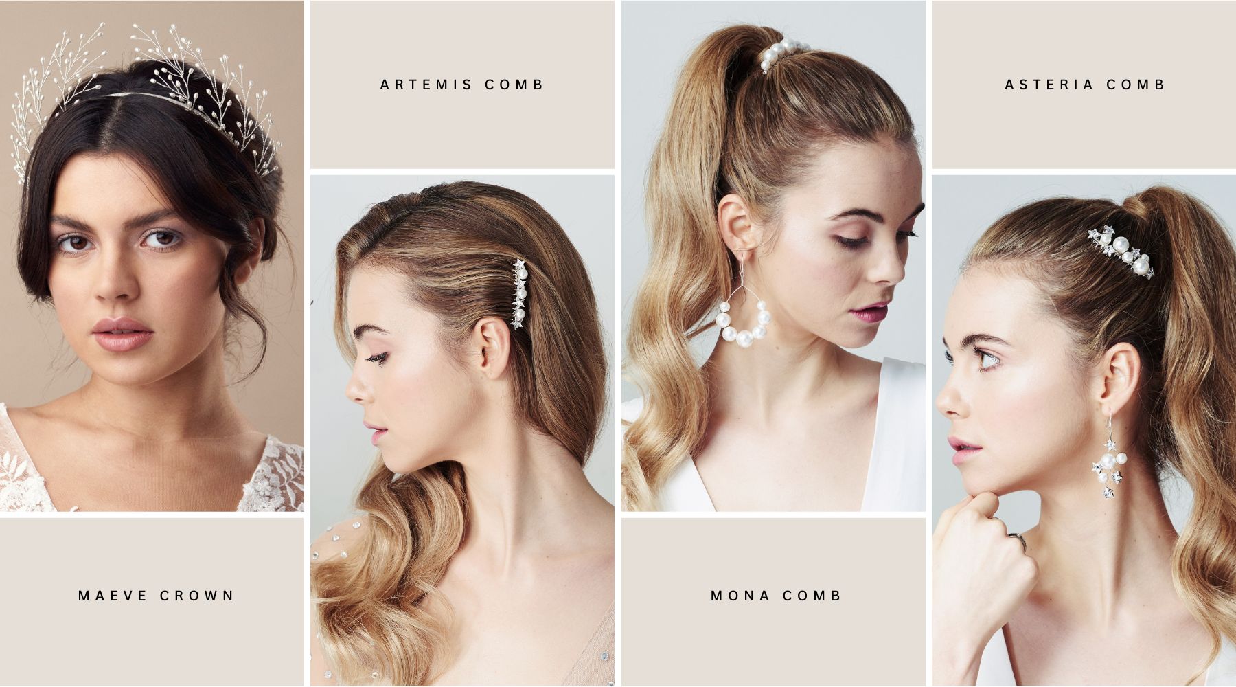 models wear pearl combs and a pearl tiara