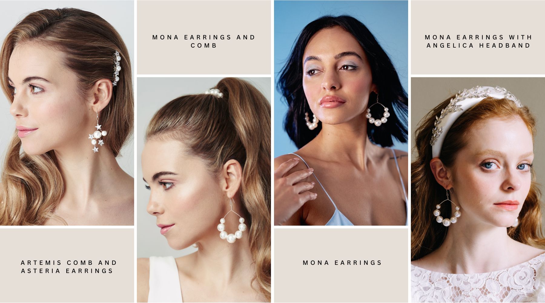 Models wear statement pearl earrings with and without wedding hair accessories