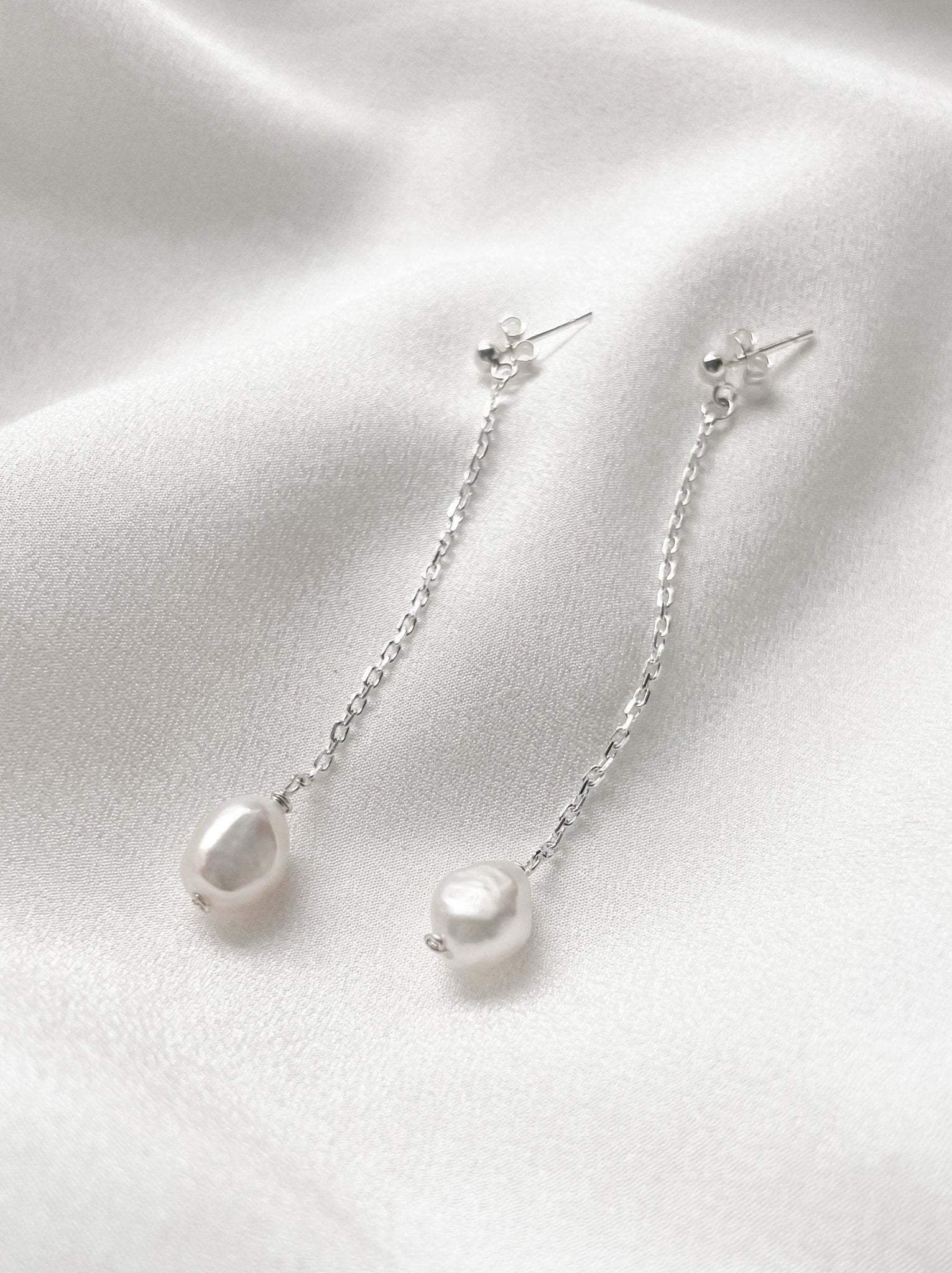 Long drop recycled silver chain baroque pearl earrings