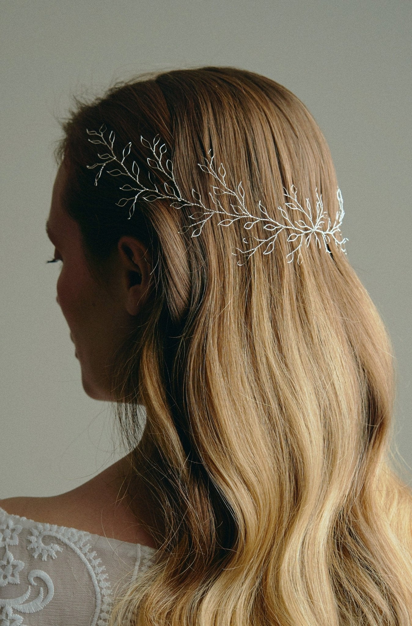 Model wears Large Leafy Hair Vine in silver in the back of long loose hair