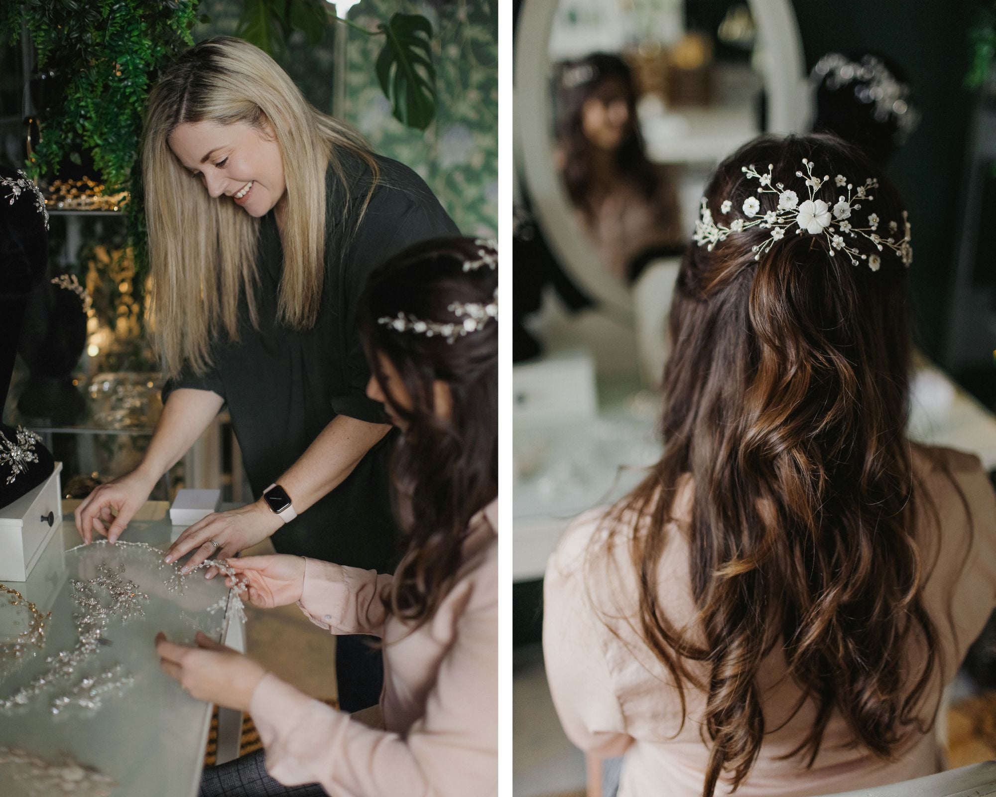 Debbie Carlisle during a bespoke bridal hair accessory consultation with a bride - showing and trying on hair accessory designs