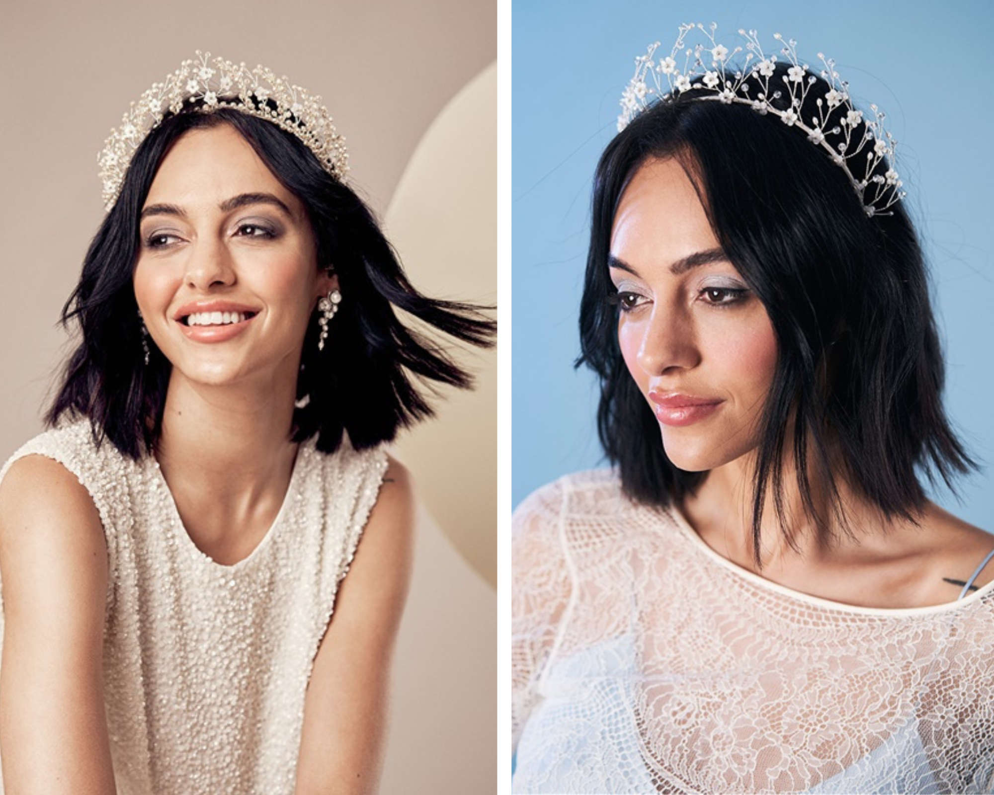  A jewelled crown with flower detailing is a more delicate way to wear a flower crown with short hair cuts - I love to see a crown with a crop of short bob and there is the added bonus of it being incredibly easy to wear as you simply lower it into place!