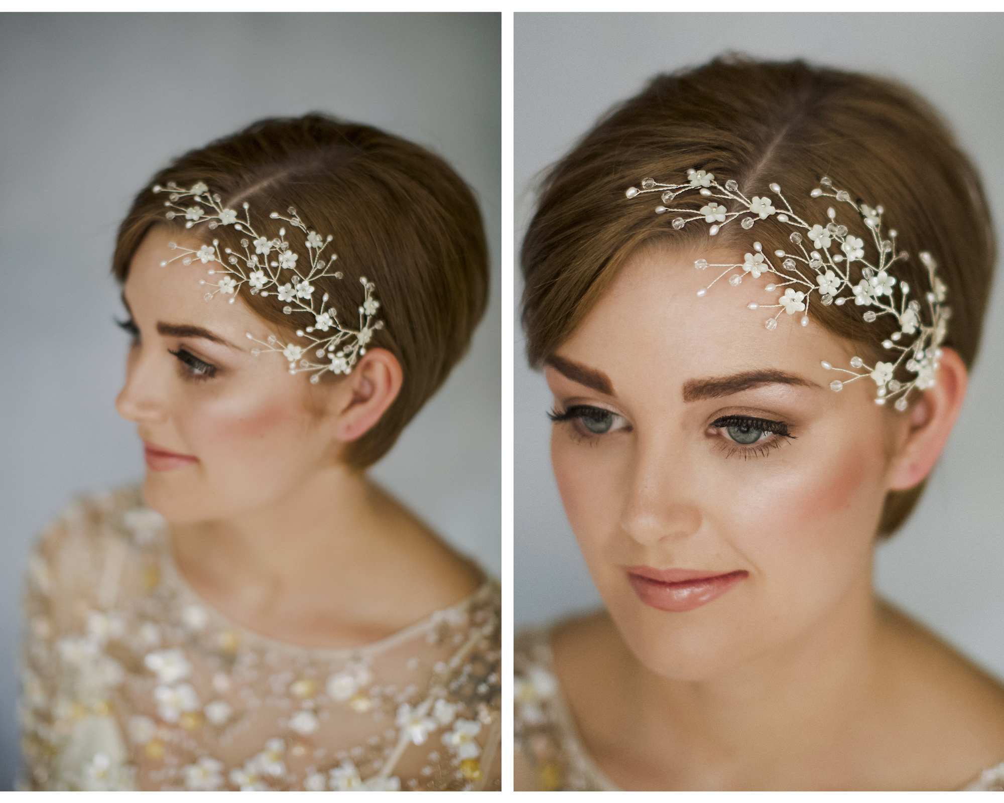  A jewelled crown with flower detailing is a more delicate way to wear a flower crown with short hair cuts - I love to see a crown with a crop of short bob and there is the added bonus of it being incredibly easy to wear as you simply lower it into place!