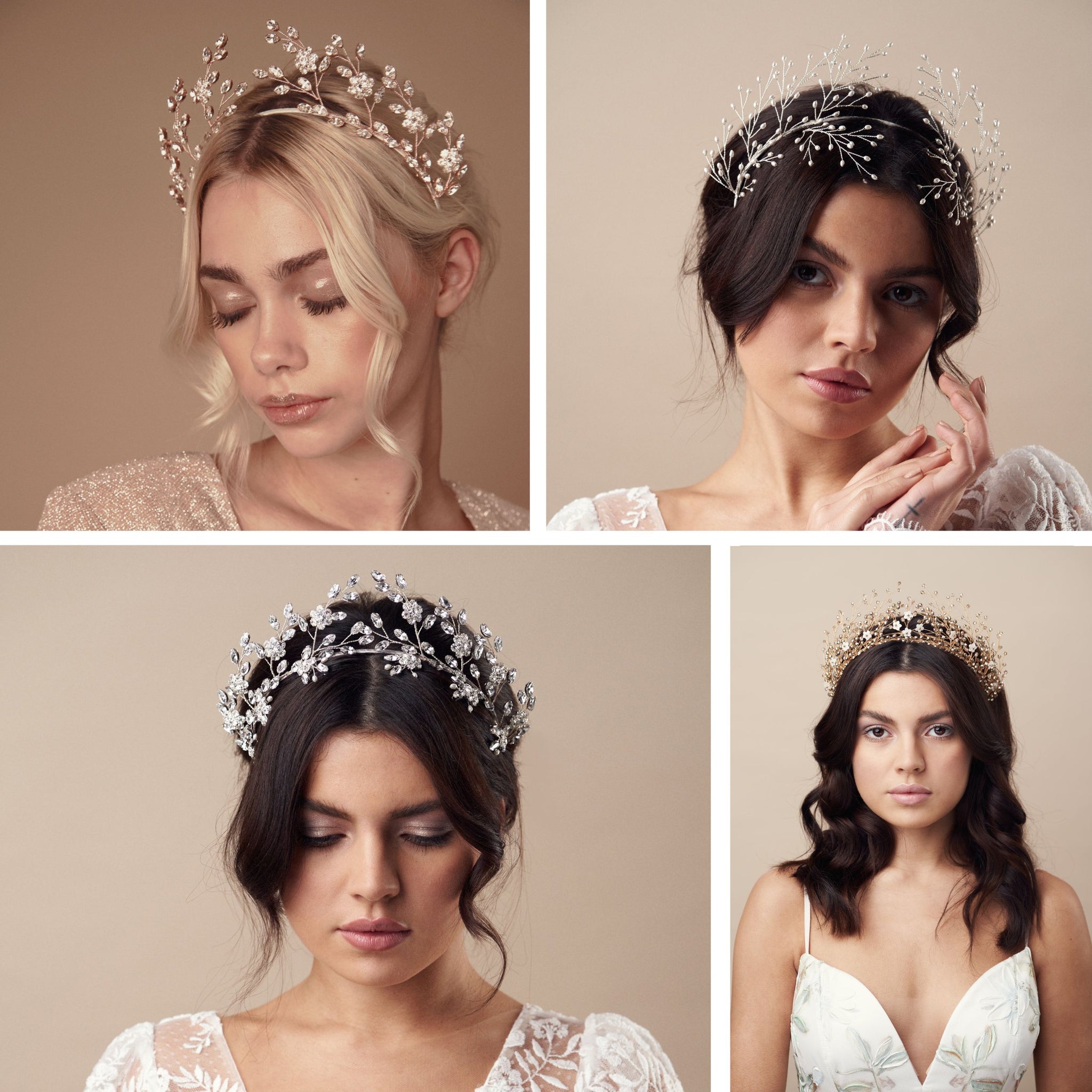 how to choose a wedding crown - four models wearing different wedding crowns in rose gold, silver, gold and pearl