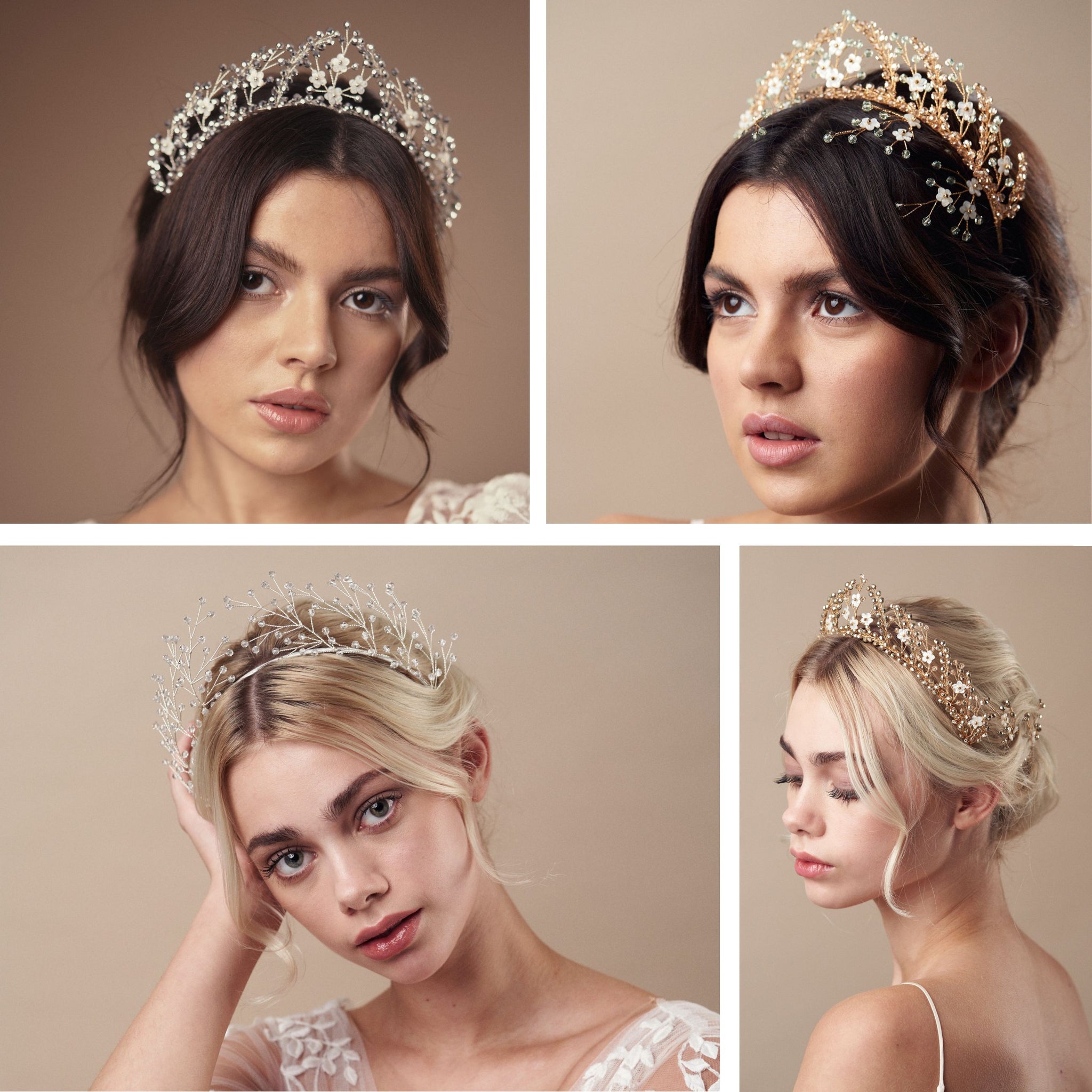 how to choose a wedding crown - four models wearing different wedding crowns in gold and green, silver, gold and clear crystal designs