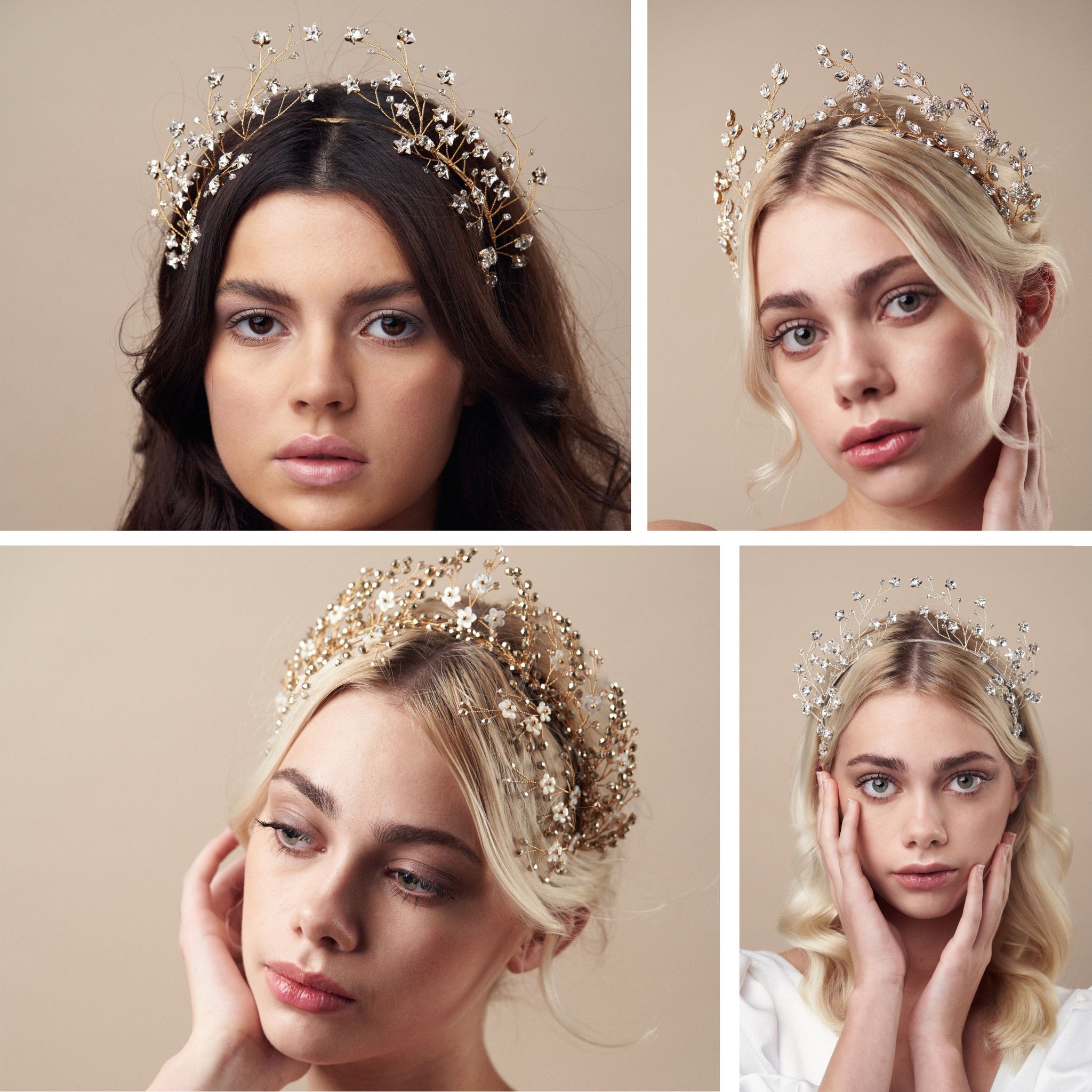 how to choose a wedding crown - four models wearing different wedding crowns in gold and in silver with celestial star designs and gold floral crowns