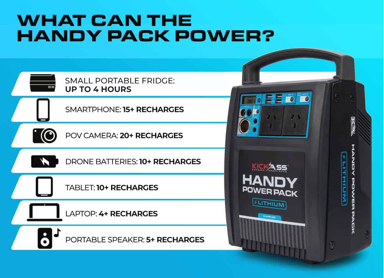 KICKASS Handy Pack Lithium 26 - Built-in Inverter & Accessory Sockets