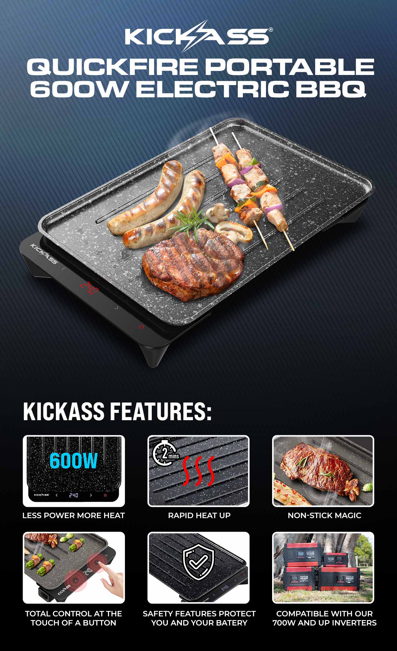 KickAss Quickfire Portable 600W Electric BBQ