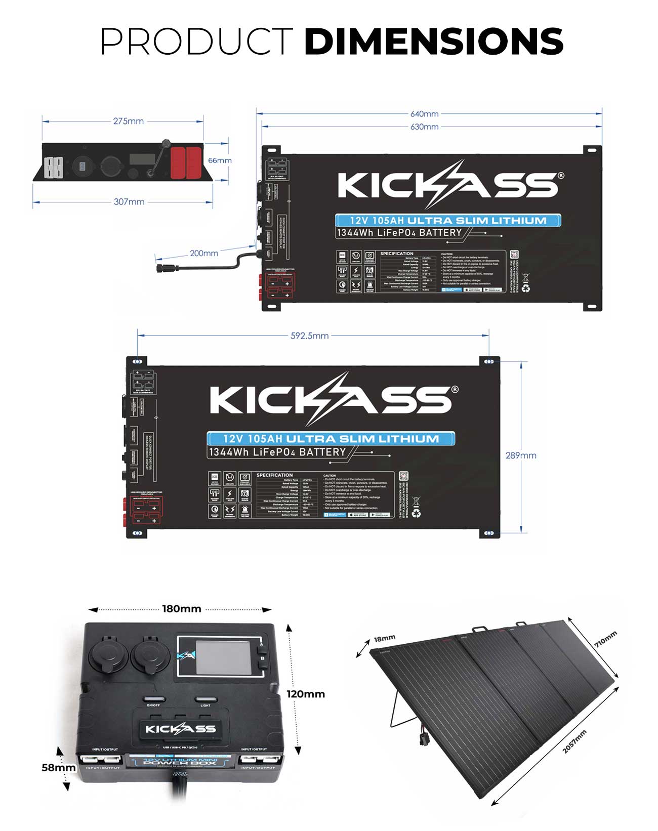 KickAss 12V 105AH Ultra Slim LiFePO4 Lithium Battery Complete Bundle