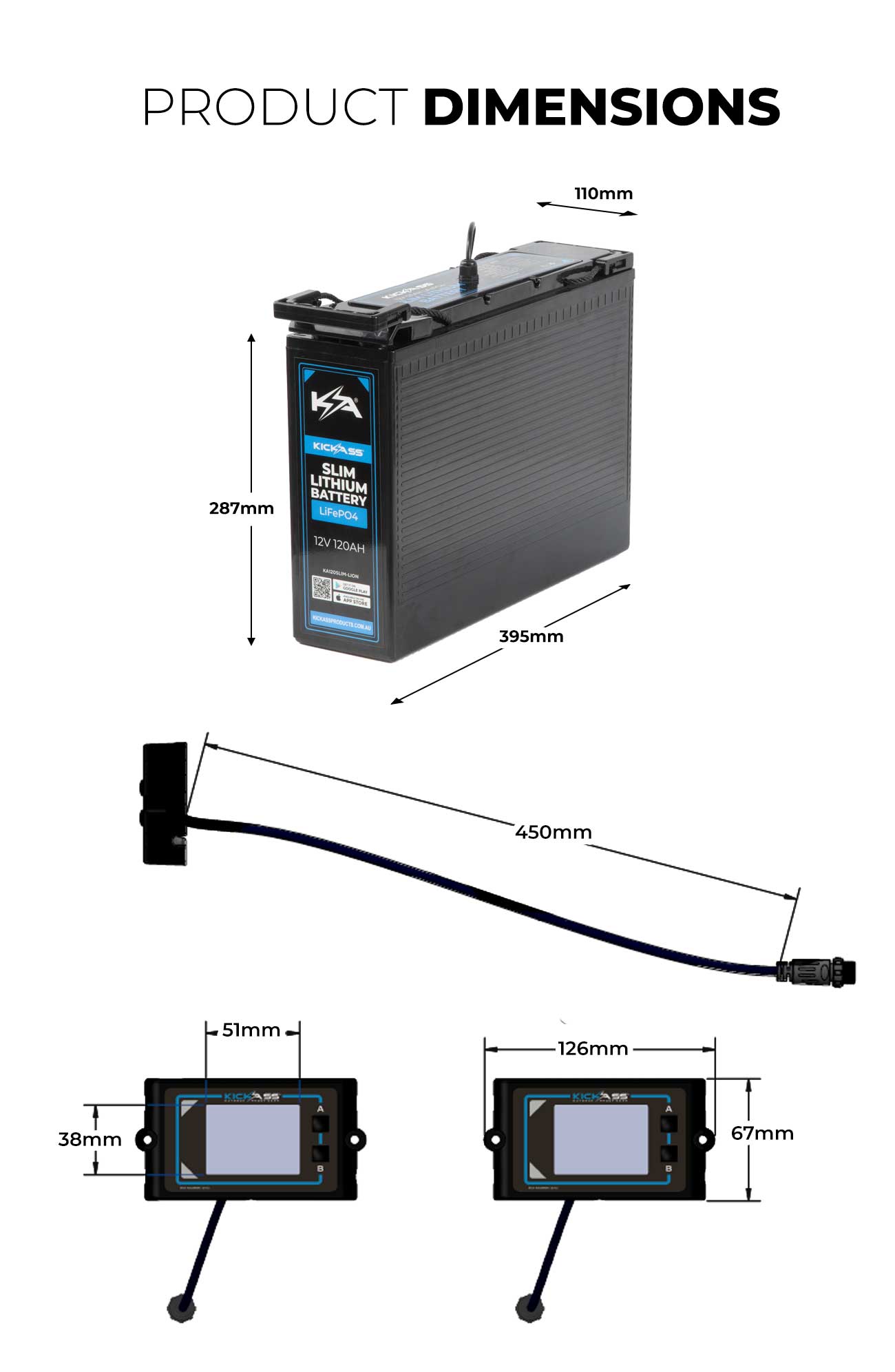 KickAss 12V 120AH LiFePo4 Slimline Lithium Battery & Remote Display Unit