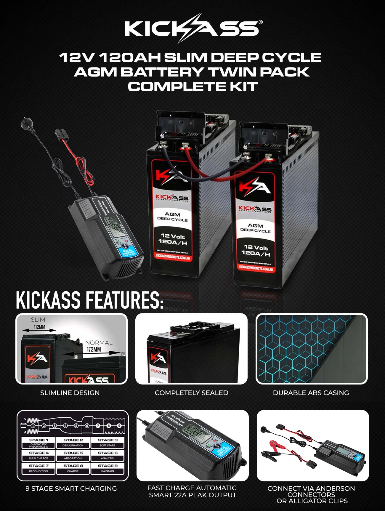 12V 120AH Slim Deep Cycle AGM Battery with 12AMP Charger