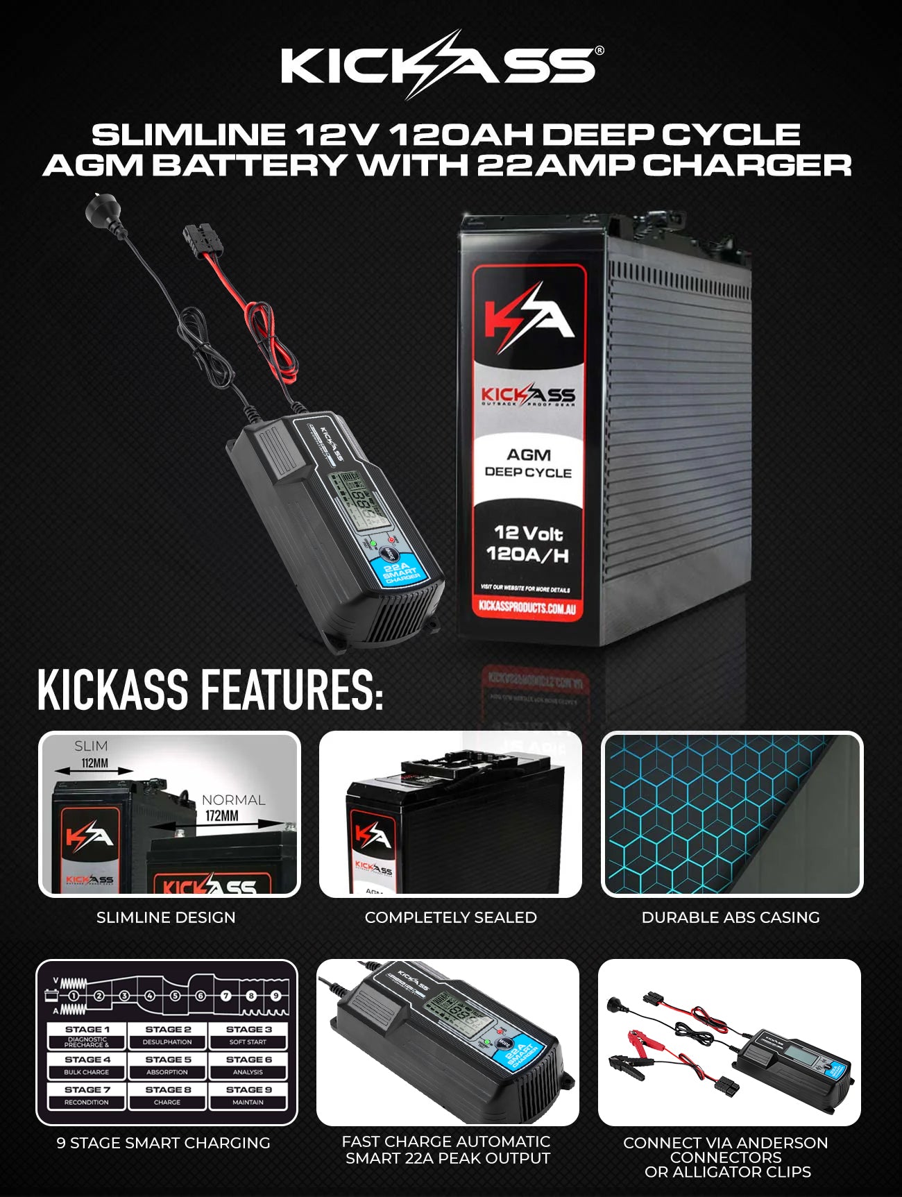 12V 120AH Slim Deep Cycle AGM Battery with 12AMP Charger