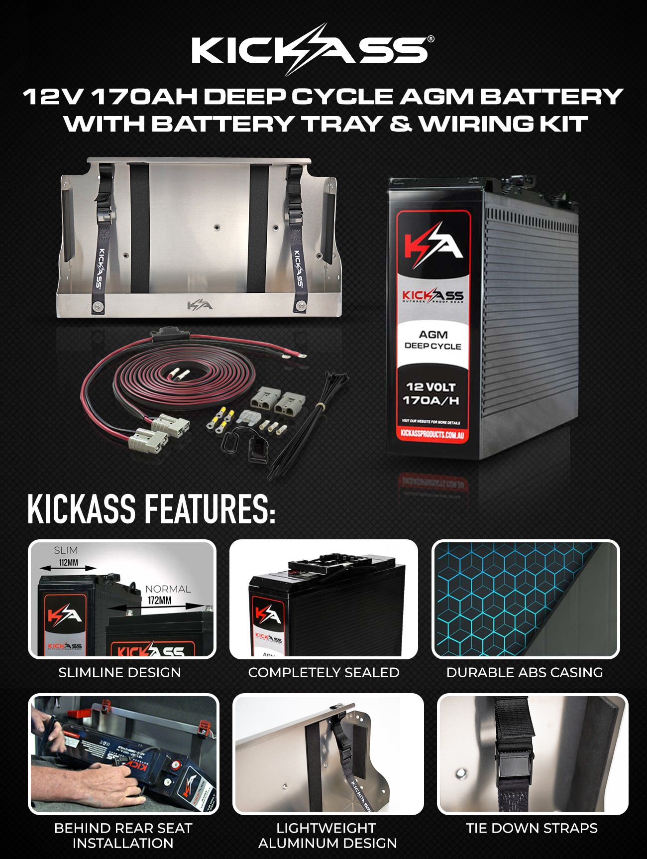 KA12170TRAYWIR - KICKASS 12V 170AH Deep Cycle AGM Battery with 170AH Slim Battery Tray & Wiring Kit
