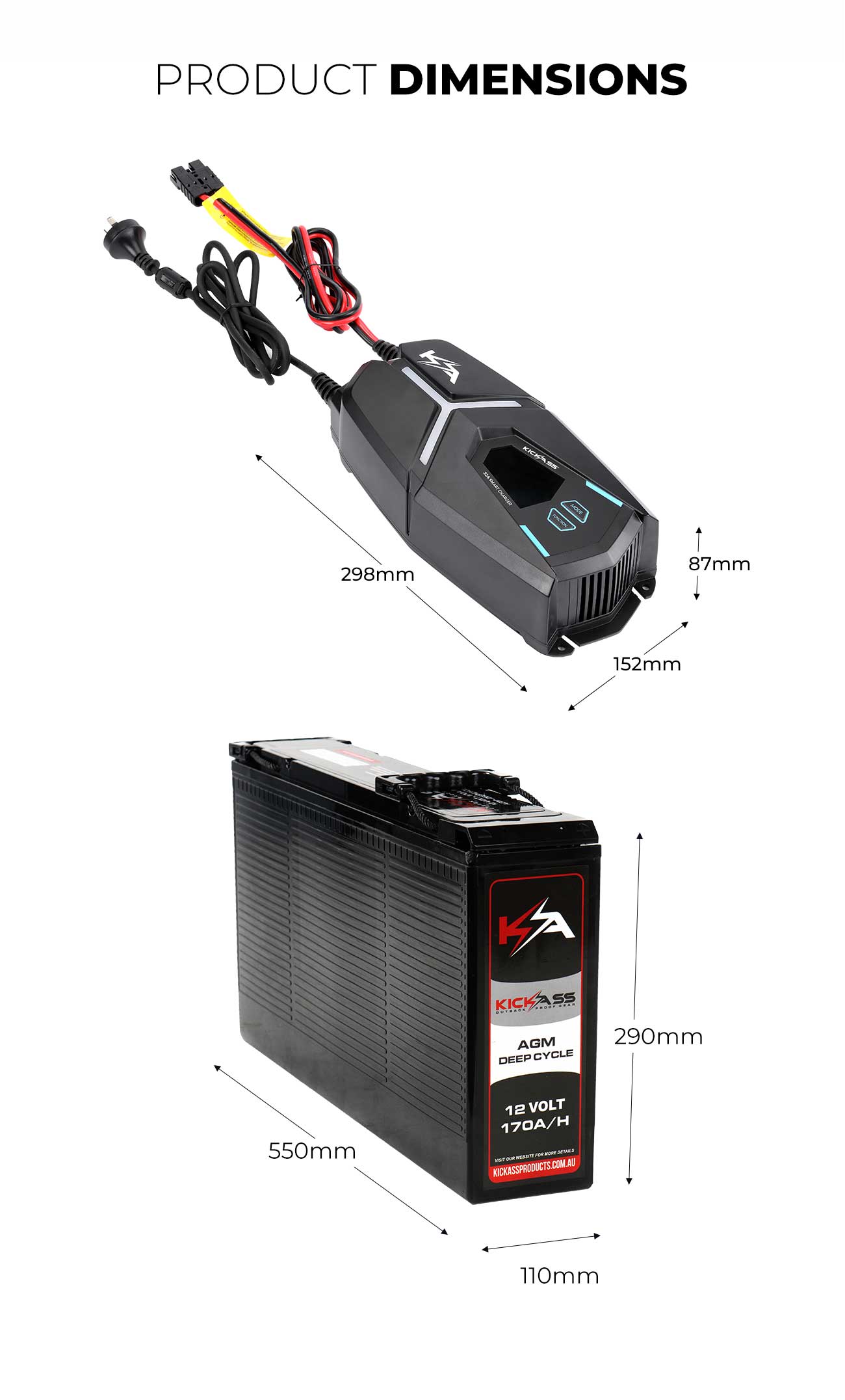 12V 170Ah Deep Cycle AGM Battery Twin Pack With 32A AC Charger & Cables