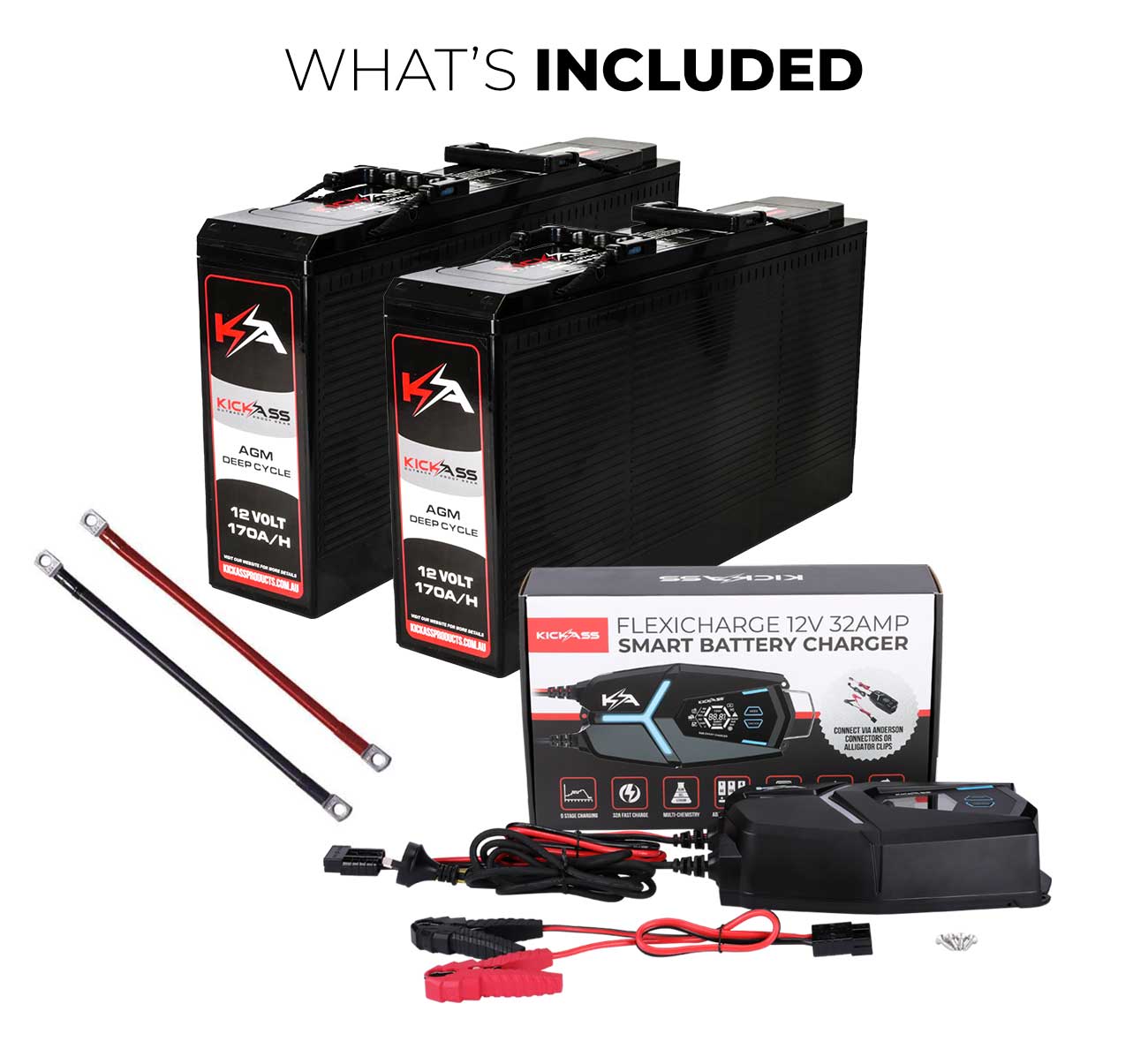 12V 170Ah Deep Cycle AGM Battery Twin Pack With 32A AC Charger & Cables