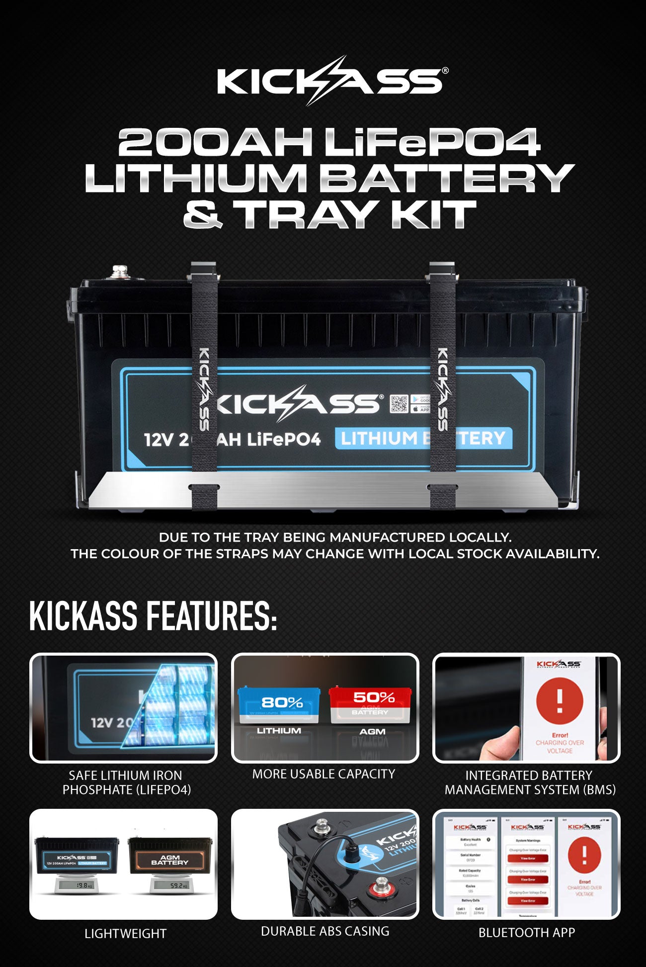 KickAss 12V 200AH LiFePO4 Lithium Battery And Battery Tray Kit