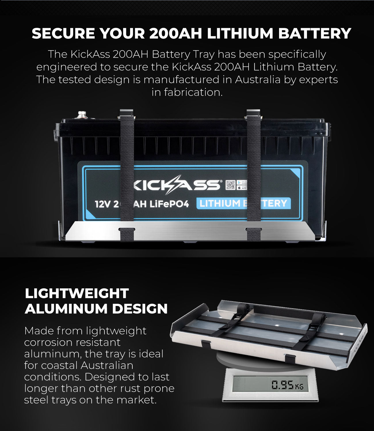 KickAss 12V 200AH LiFePO4 Lithium Battery And Battery Tray Kit