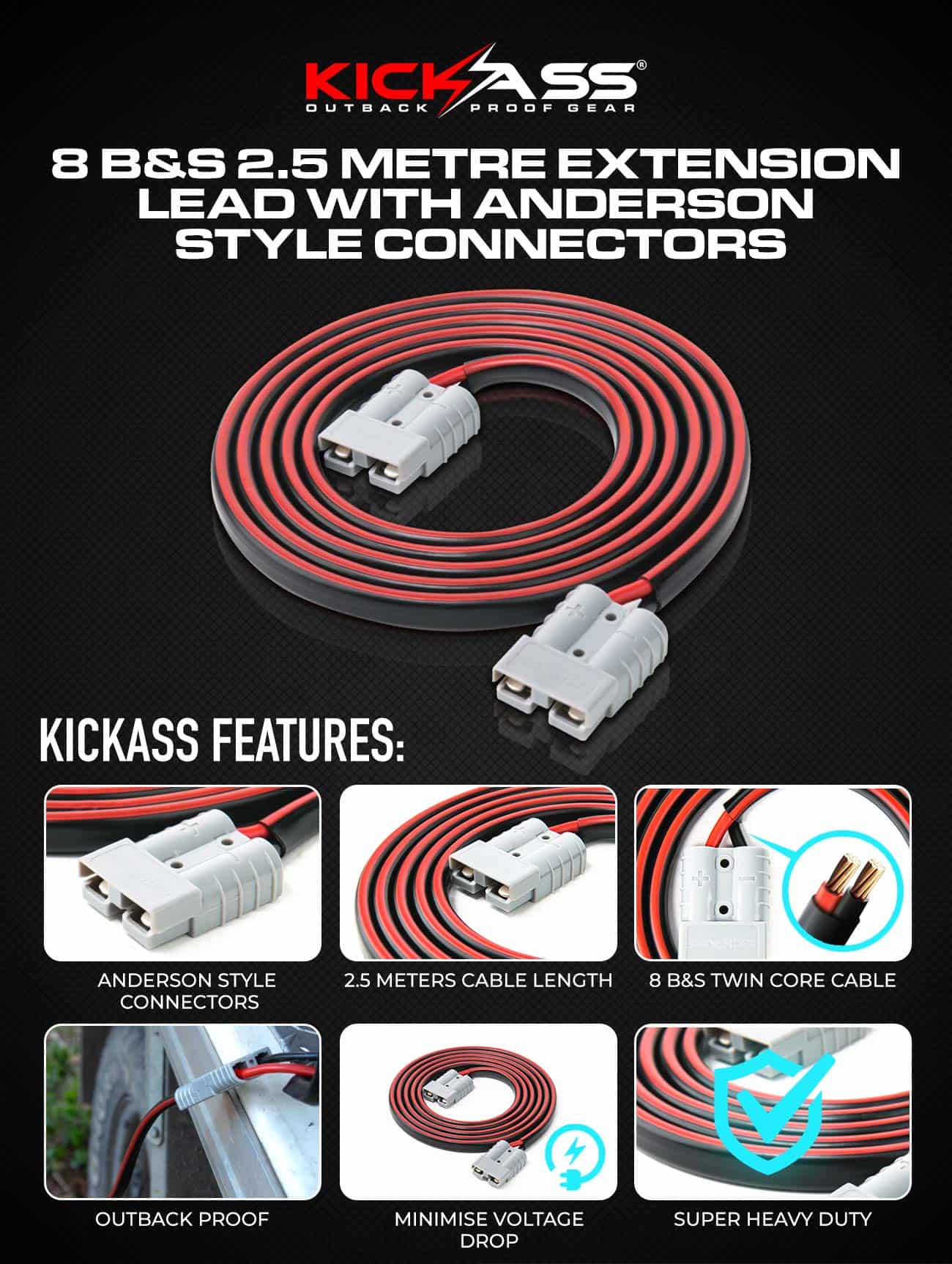 KickAss 8B&S 2.5 Metre Extension Lead With Anderson Style Connectors