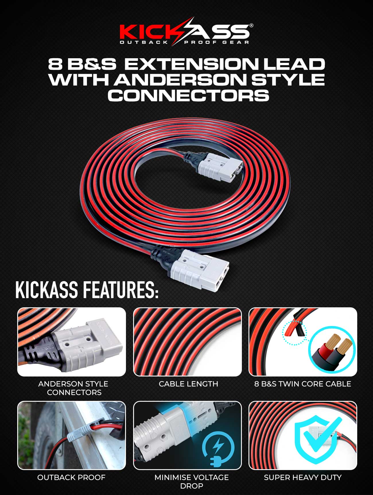 KickAss 8B&S 5 Metre Extension Lead With Anderson Style Connectors
