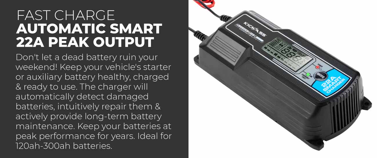 KICKASS 12V 22 Amp - 9 Stage Automatic Battery Charger for STD, AGM & Lithium Batteries