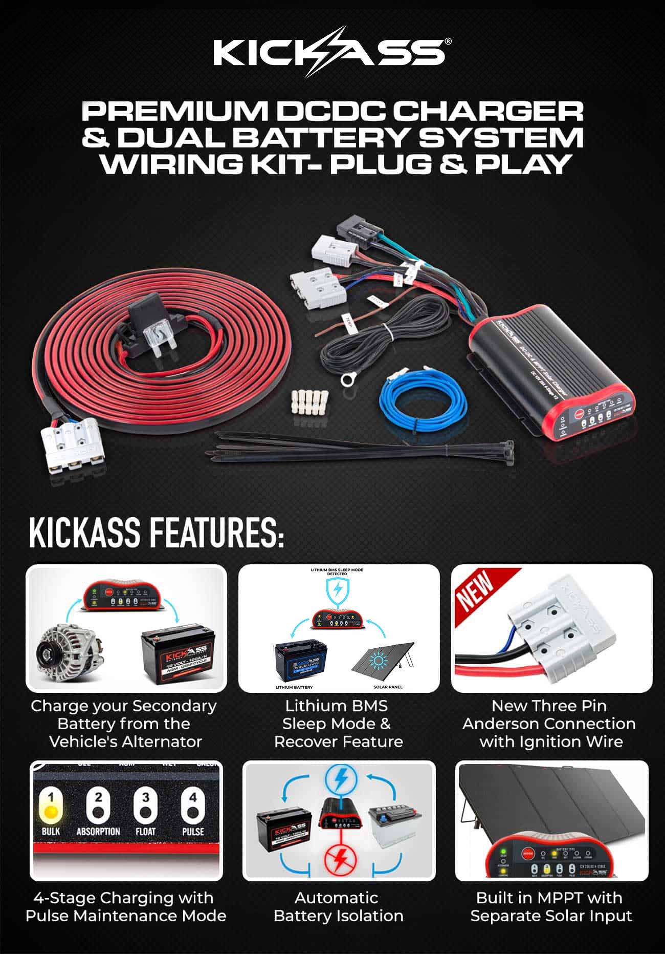 KADCDC25A-AND-WK - KICKASS Premium DCDC Charger & Dual Battery System Wiring Kit- Plug & Play