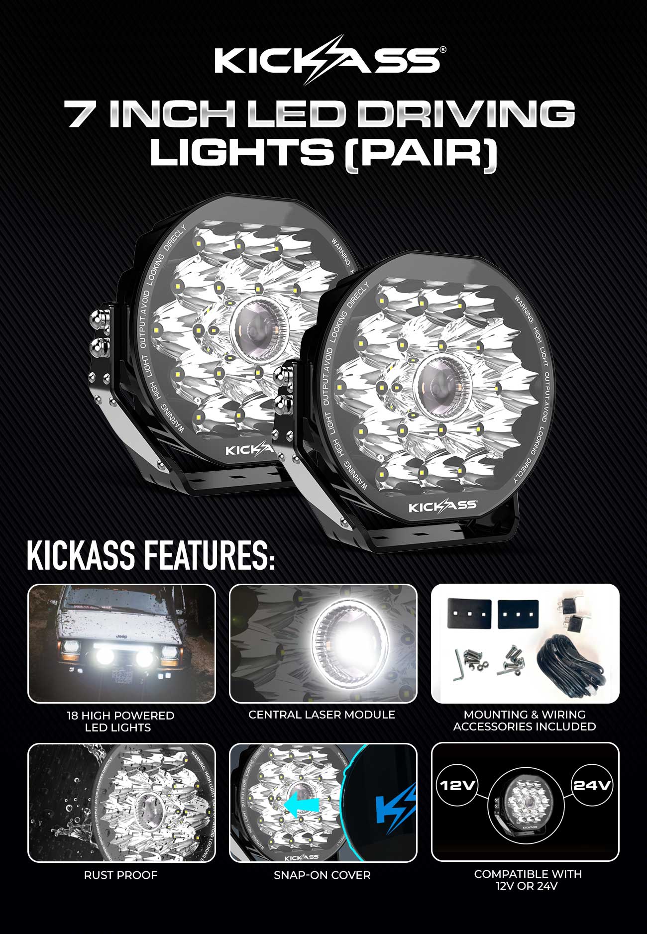 KickAss 7 Inch LED Driving Lights Pair