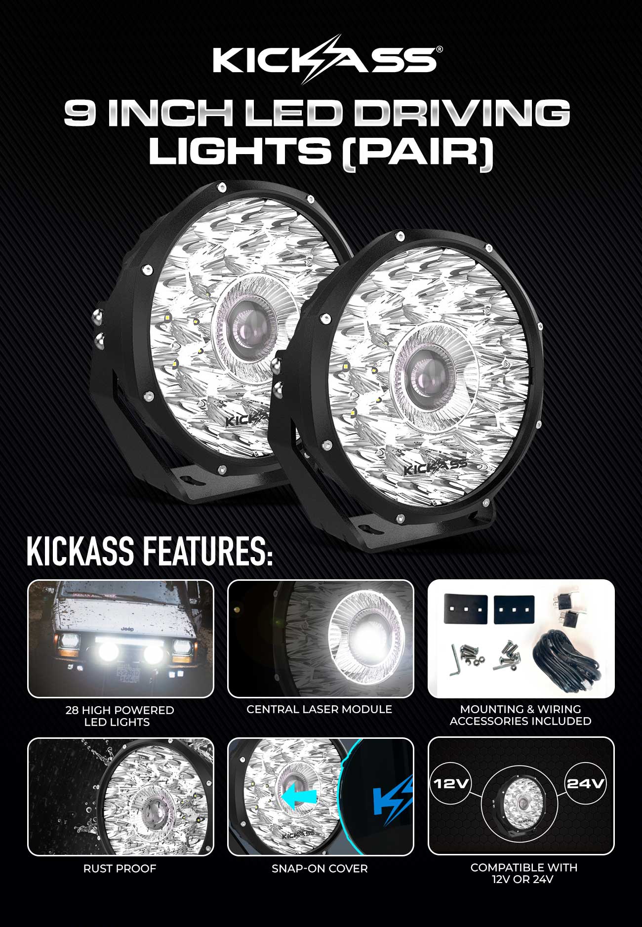KickAss 9 Inch LED Driving Lights Pair