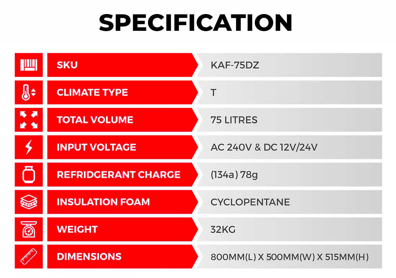 KICKASS Portable Fridge Freezer Dual Zone 75L - Specifications