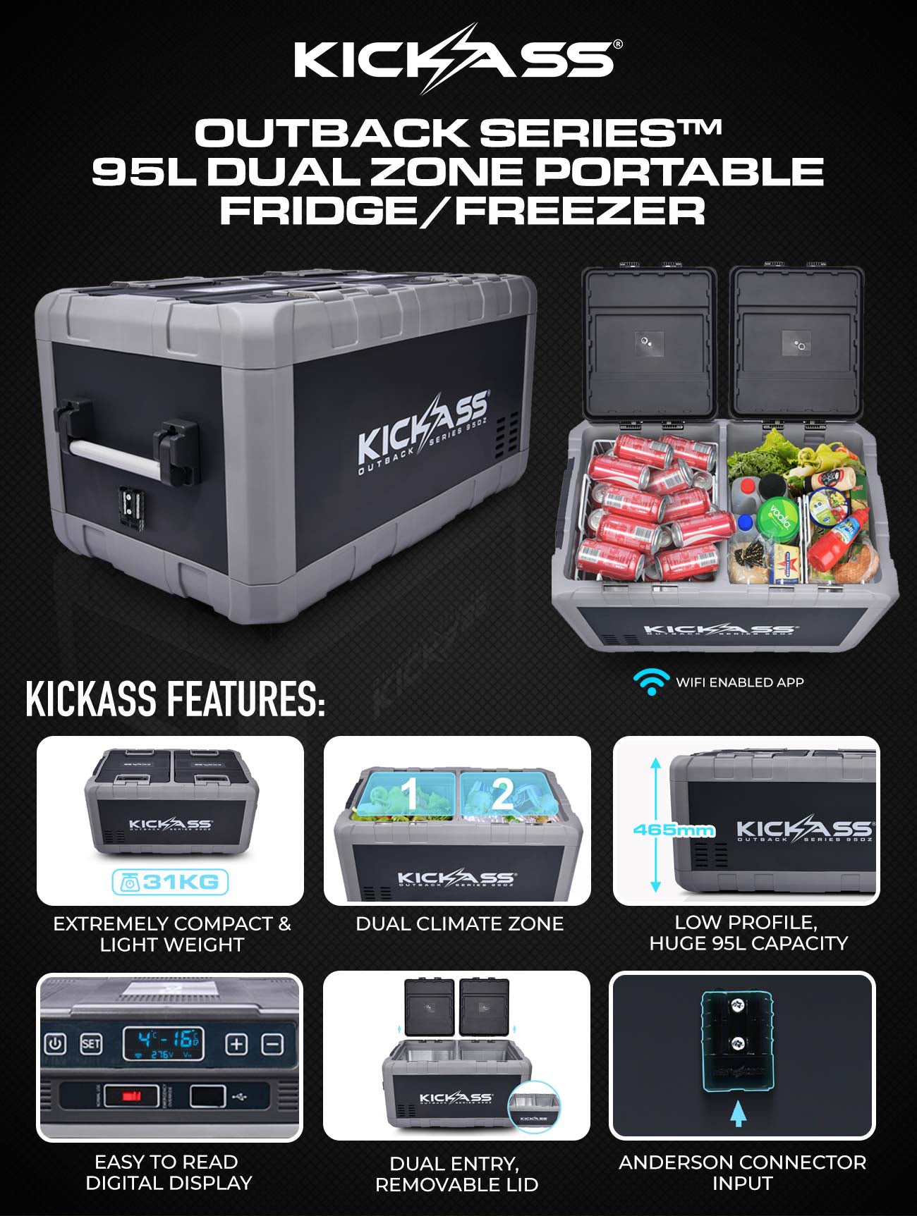 KAF-95DZ - KickAss Outback Series™ 95L Dual Zone Portable Fridge/Freezer