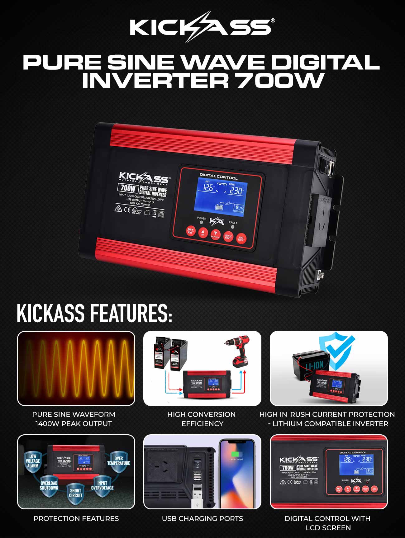 KickAss 700W Digital Pure Sine Wave Inverter