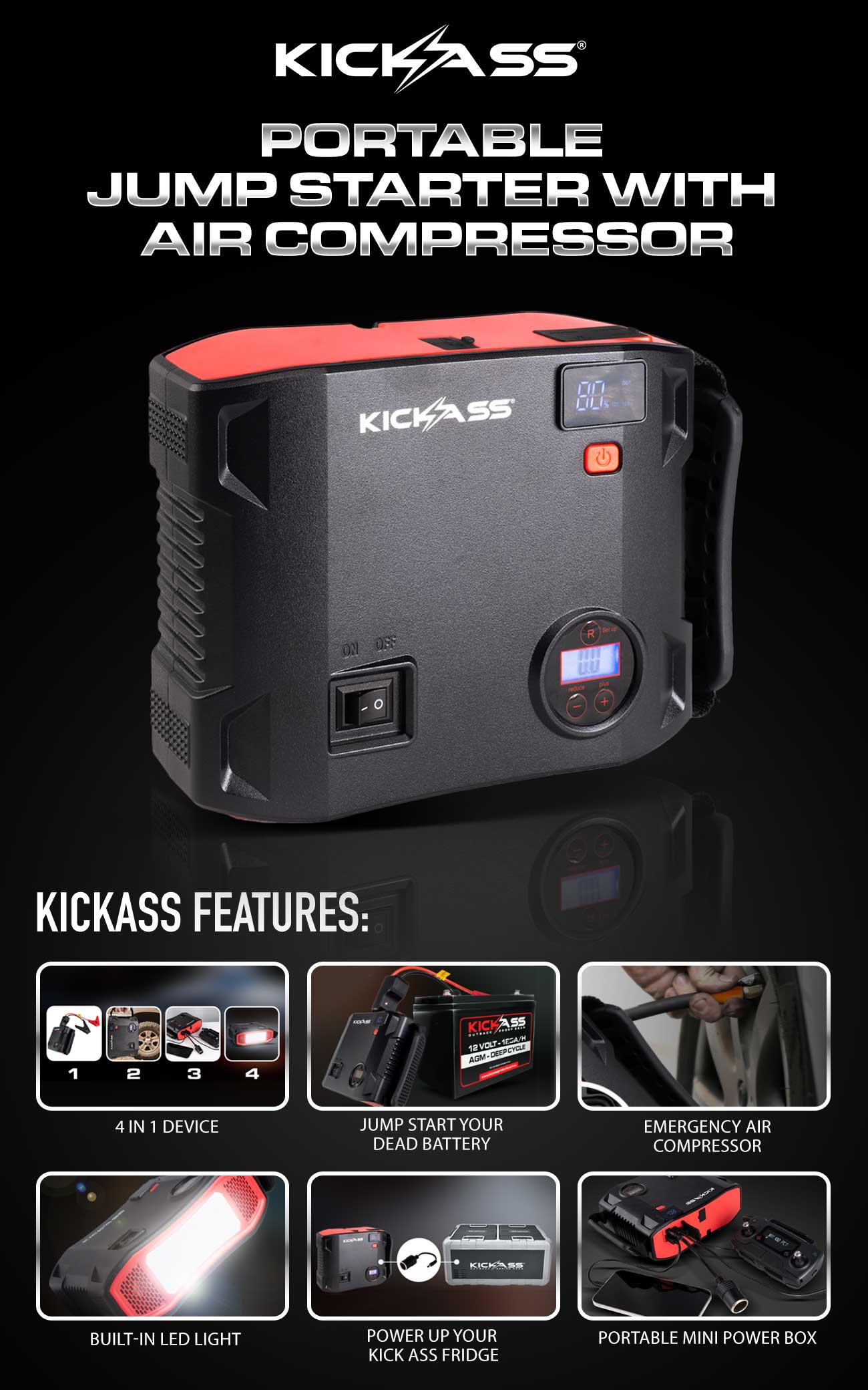 KickAss Portable Jump Starter with Air Compressor