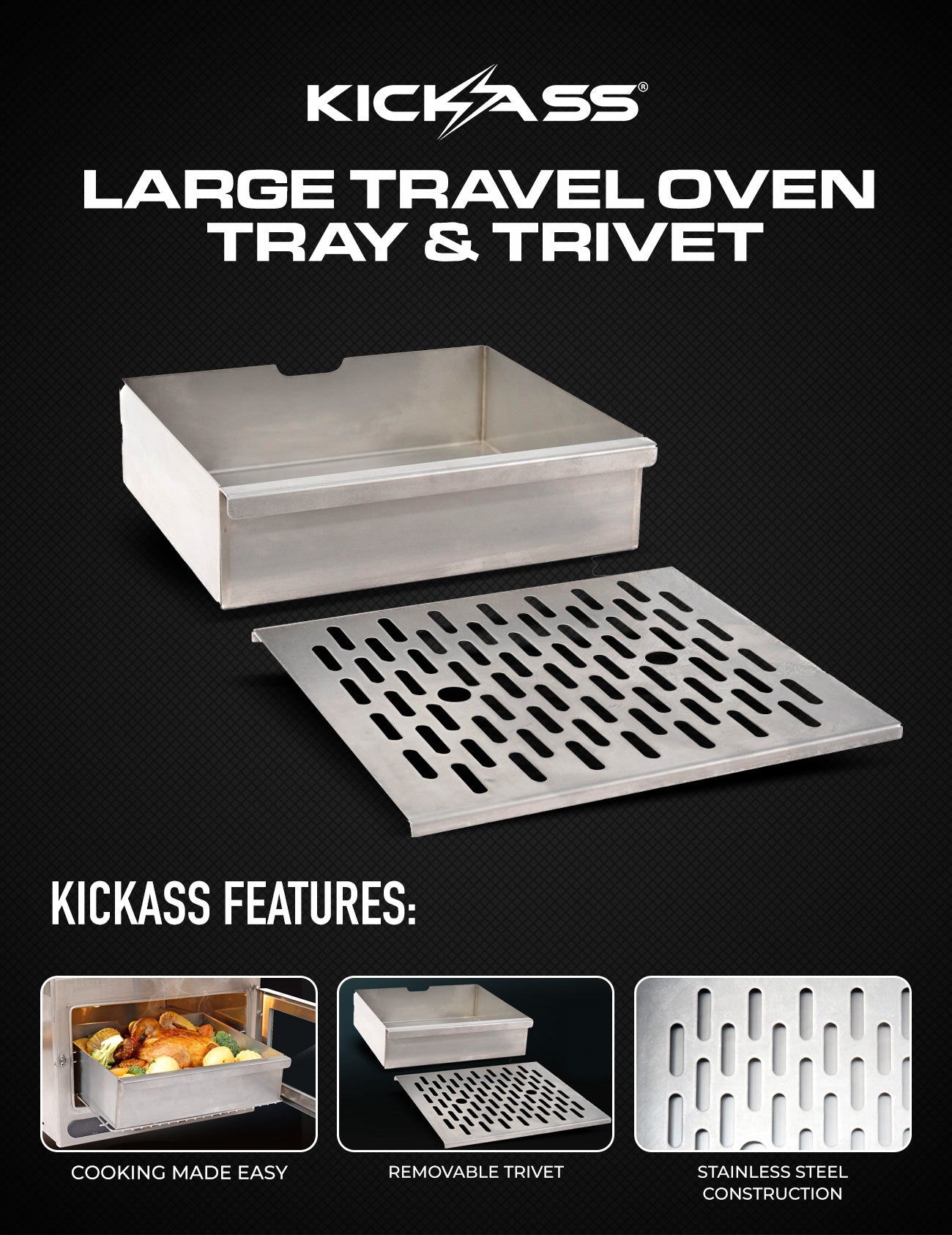 KickAss Large Travel Oven Stainless Steel Tray with Trivet