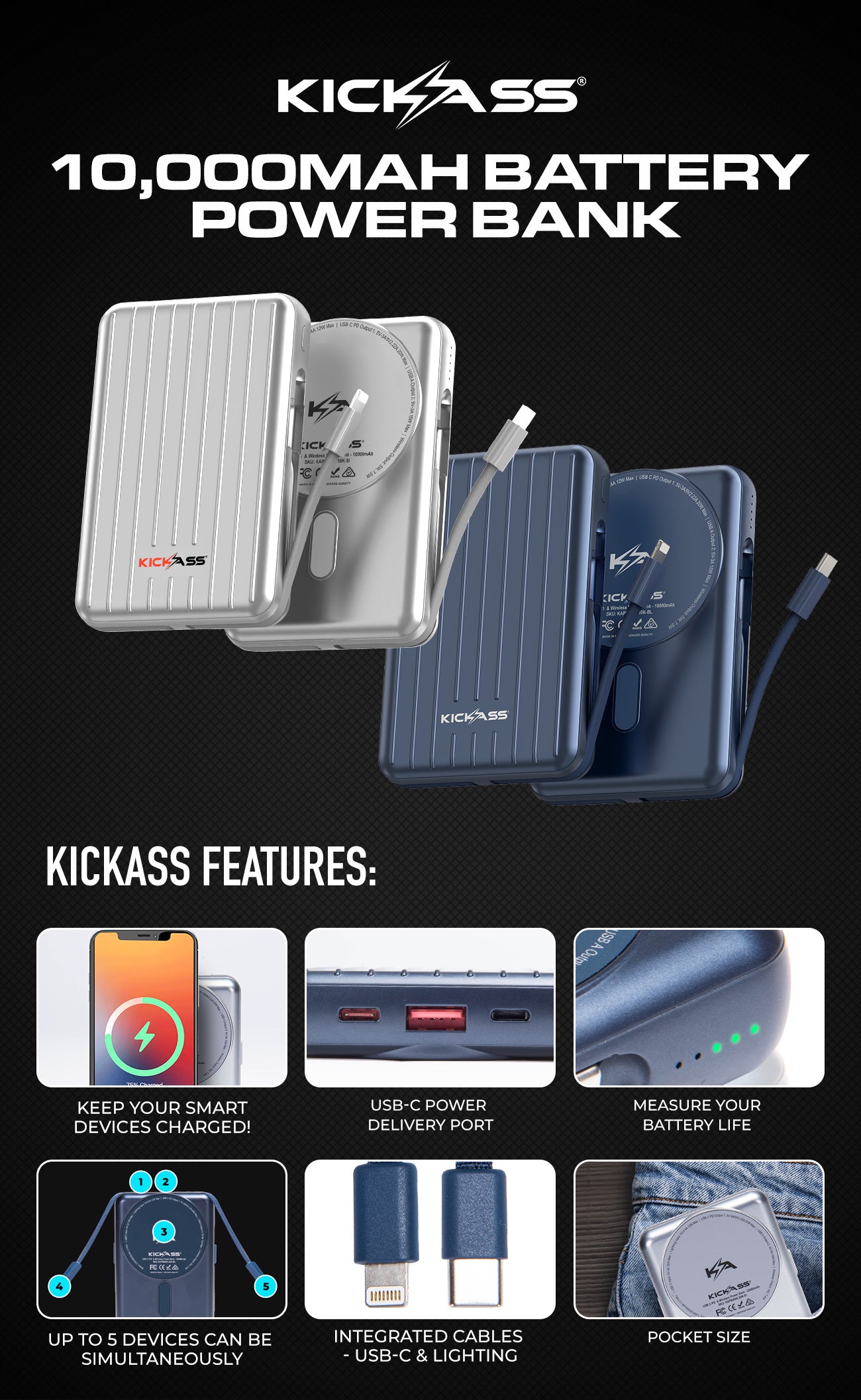 KickAss USB C-PD  & Wireless Power Bank - 10000mAh