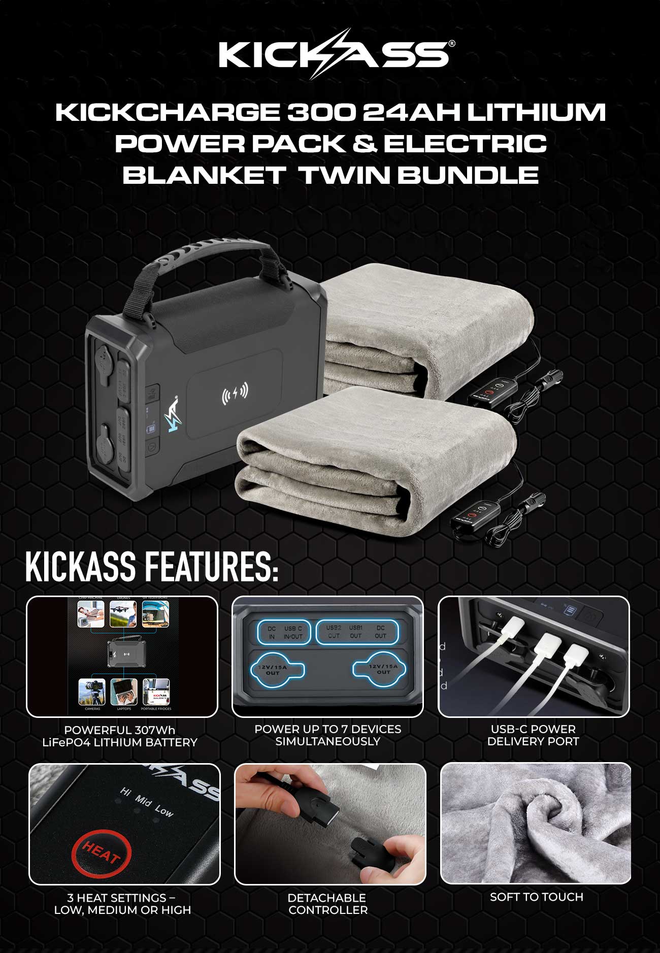 KickCharge 300 24Ah Lithium Power Pack & Electric Blanket Twin Bundle