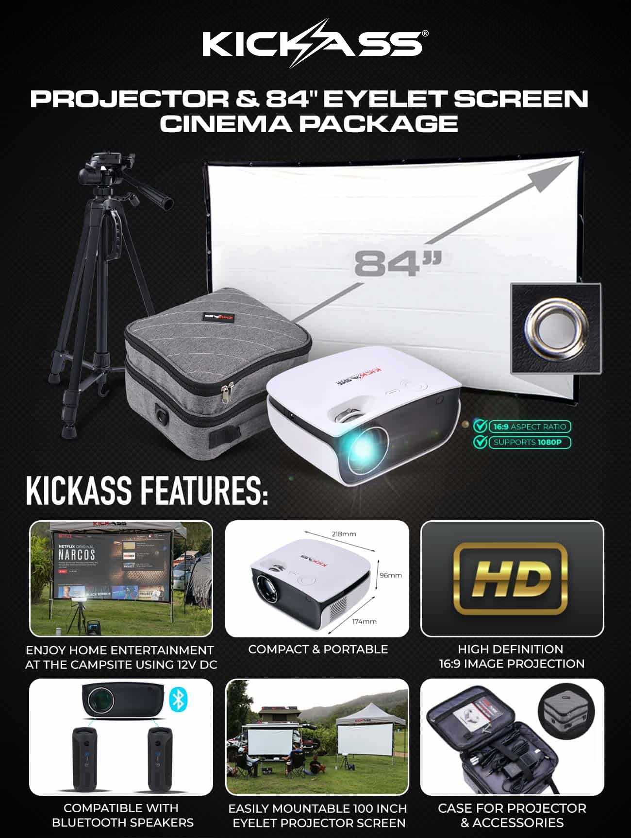 Projector & 84 Eyelet Screen Cinema Package 