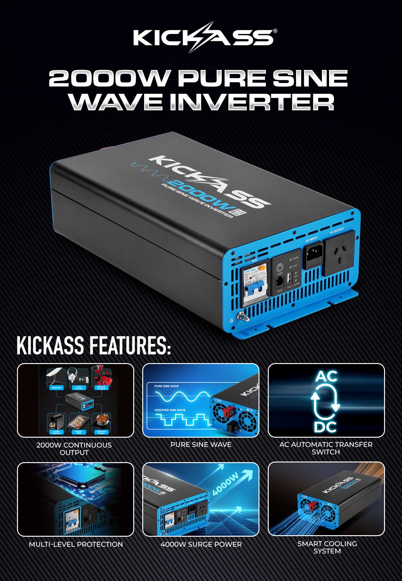 KickAss 2000W 12v to 240v Inverter Pure Sine Wave