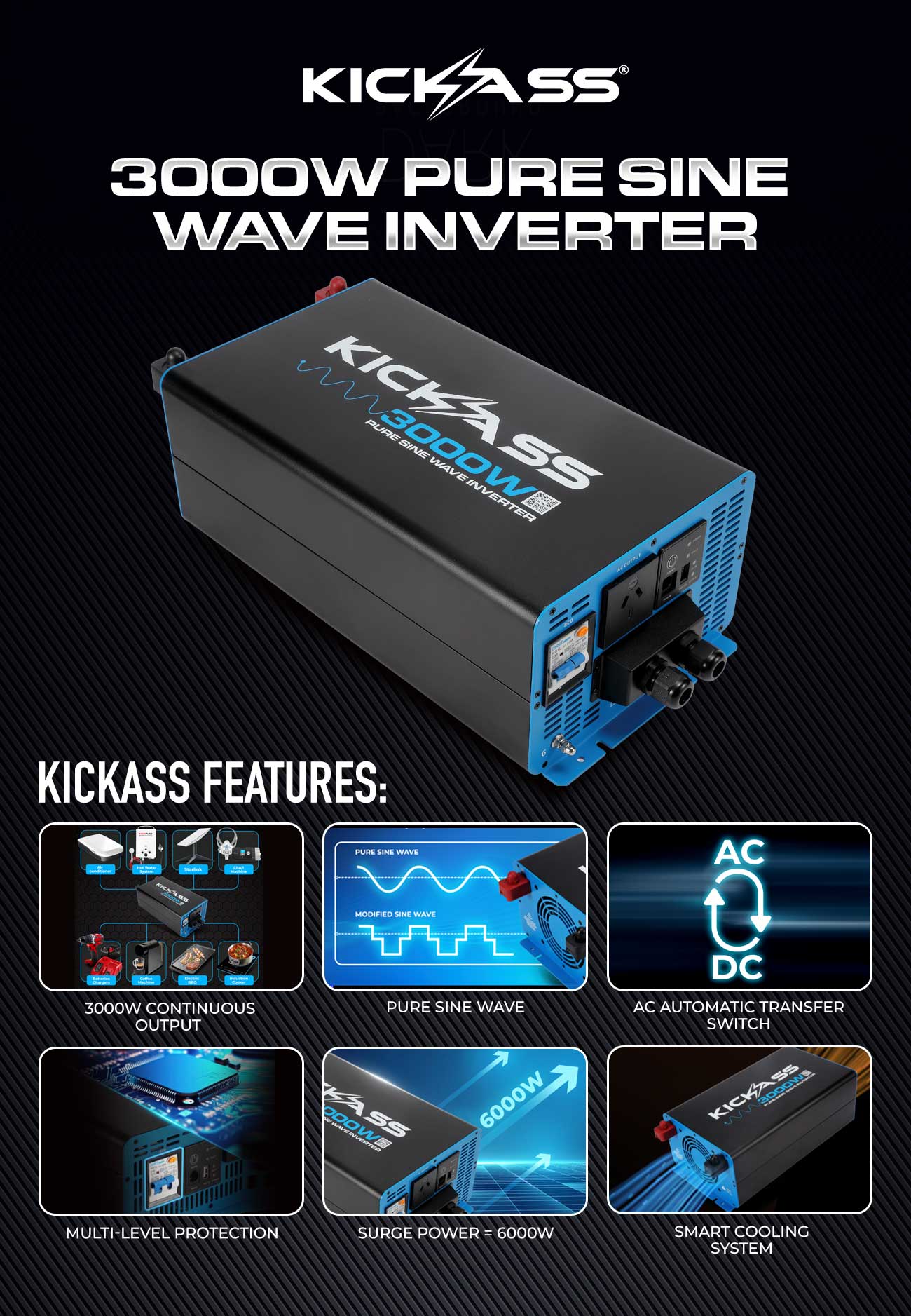 KickAss 2000W 12v to 240v Inverter Pure Sine Wave