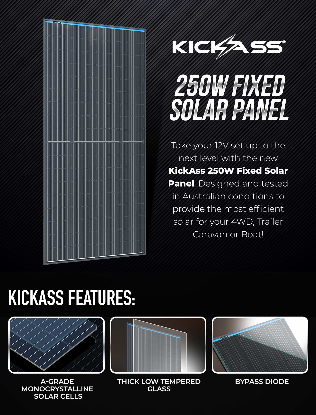 KickAss 12V 250W Fixed Solar Panel Glass Roof Top