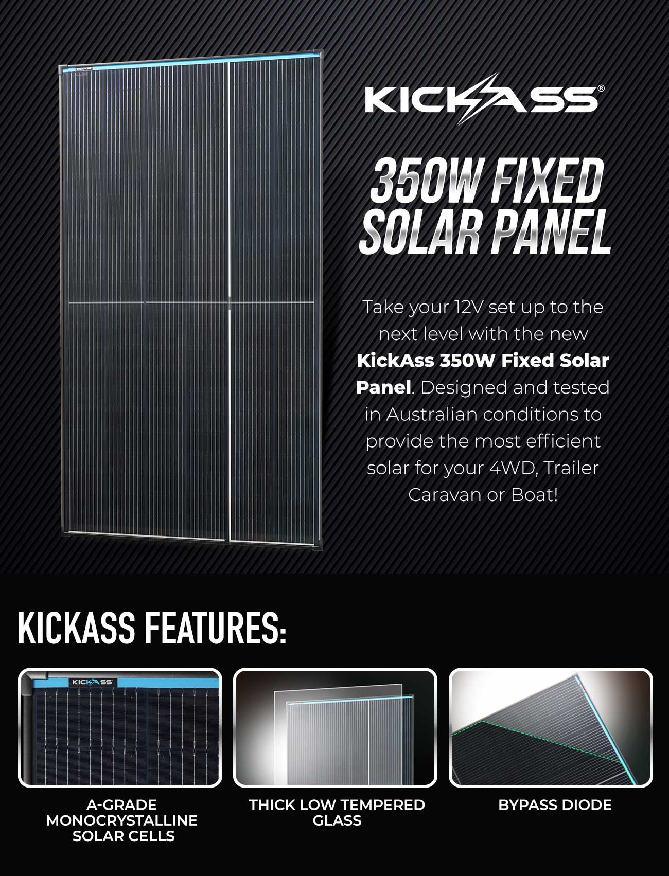 KickAss 12V 350W Fixed Solar Panel Glass Roof Top