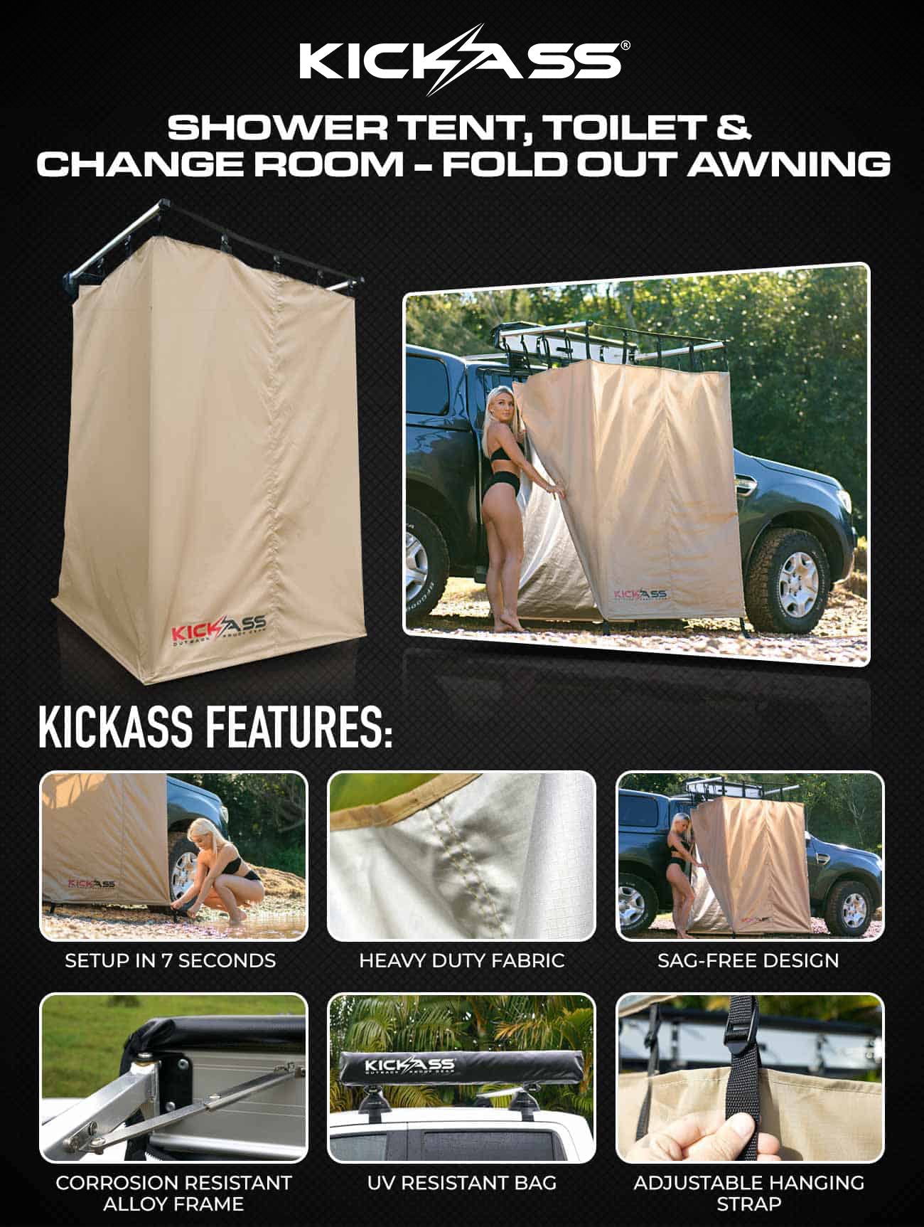 KICKASS Shower Tent, Toilet & Change Room - Fold Out Awning