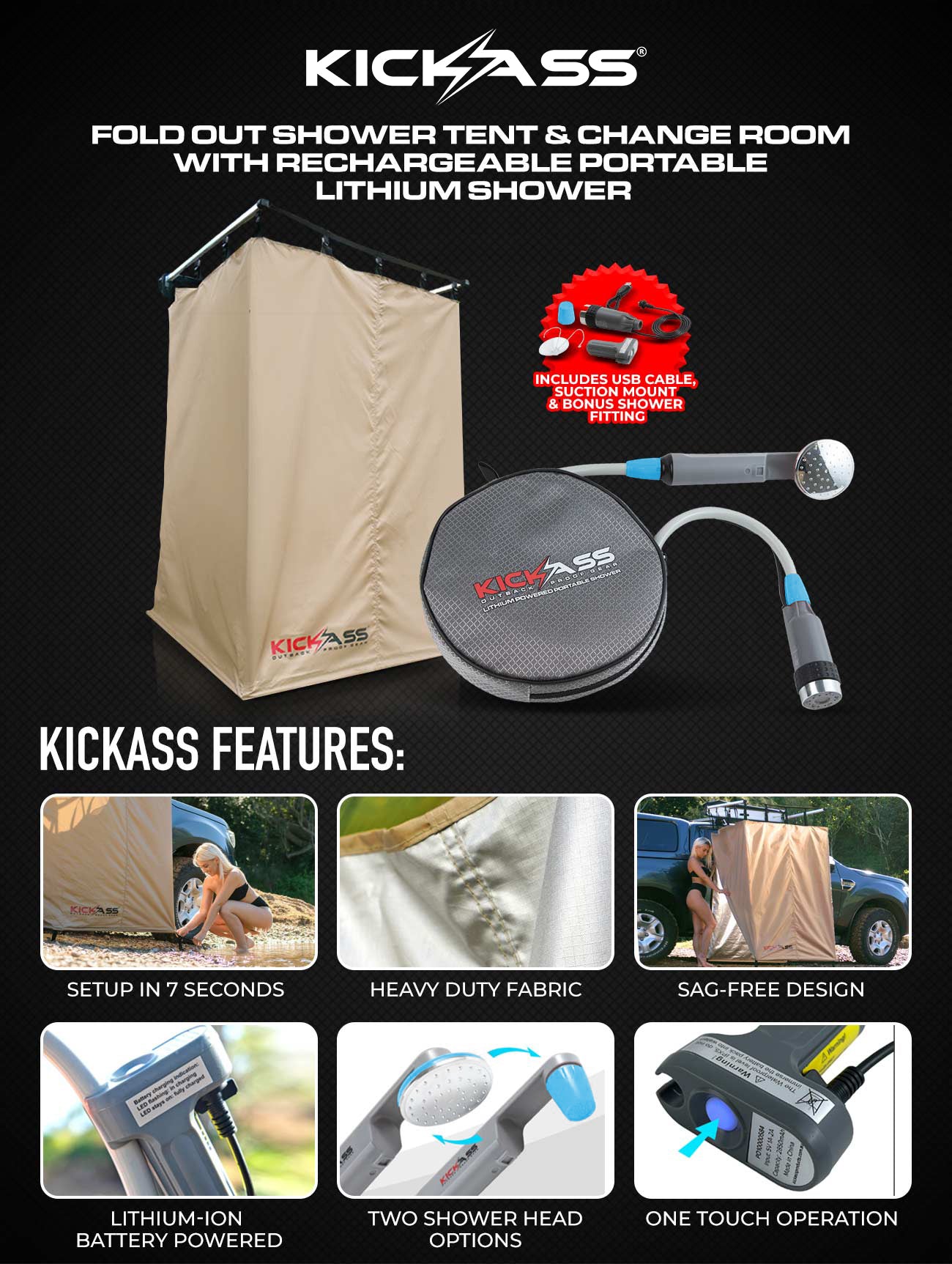 KASTENT-AWNRCG - KICKASS Fold Out Shower Tent & Change Room with Rechargeable Portable Lithium Shower